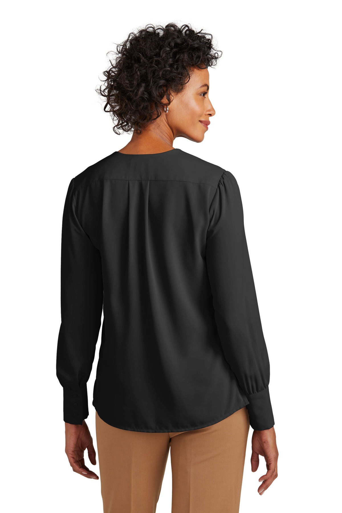 Custom Embroidered Brooks Brothers Women's Open-Neck Satin Blouse BB18009,Deep Black
