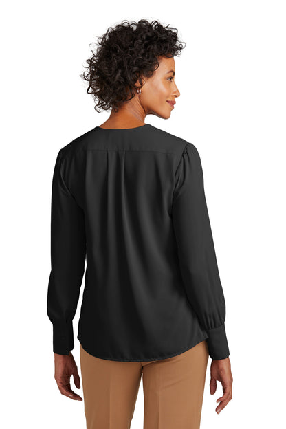 Custom Embroidered Brooks Brothers Women's Open-Neck Satin Blouse BB18009,Deep Black