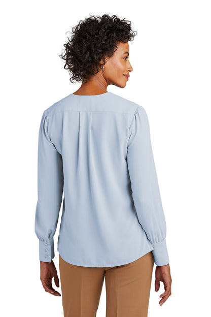 Custom Embroidered Brooks Brothers Women's Open-Neck Satin Blouse BB18009,Heritage Blue