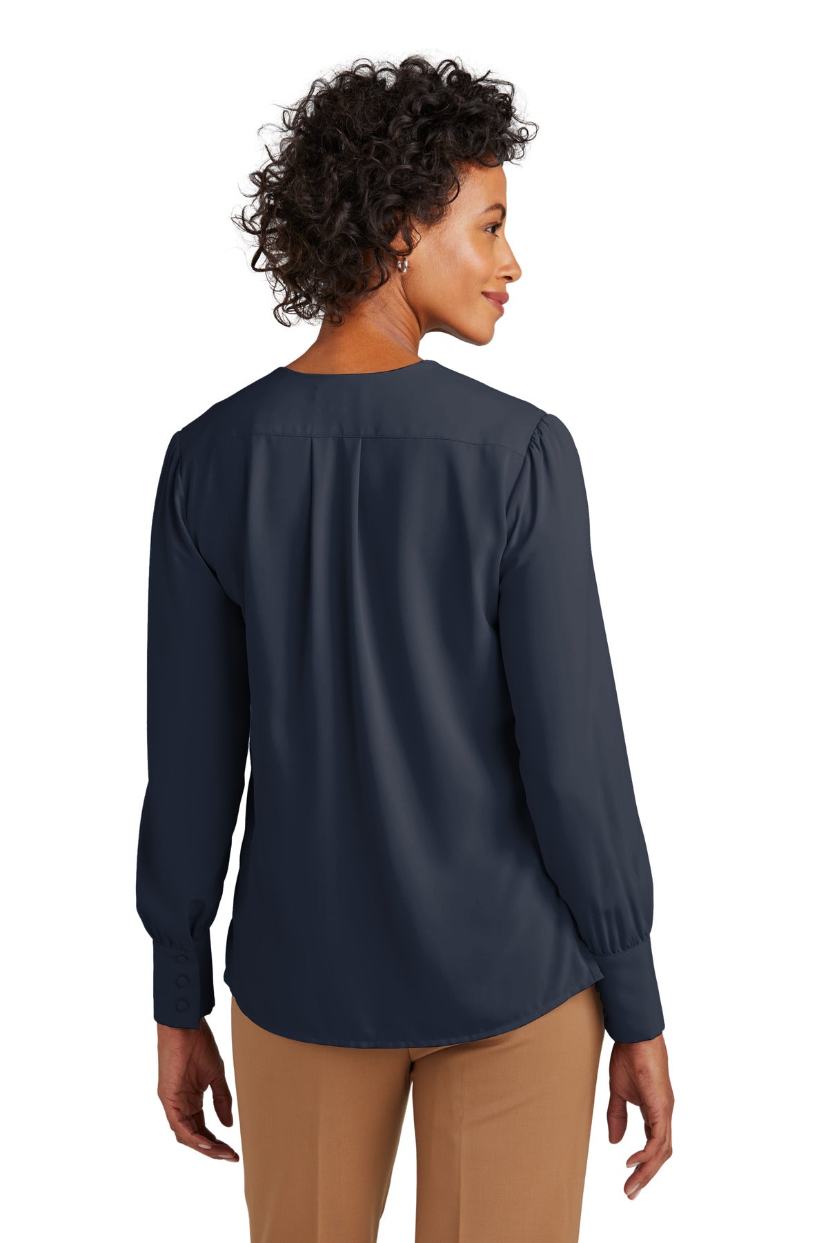Custom Embroidered Brooks Brothers Women's Open-Neck Satin Blouse BB18009,Night Navy
