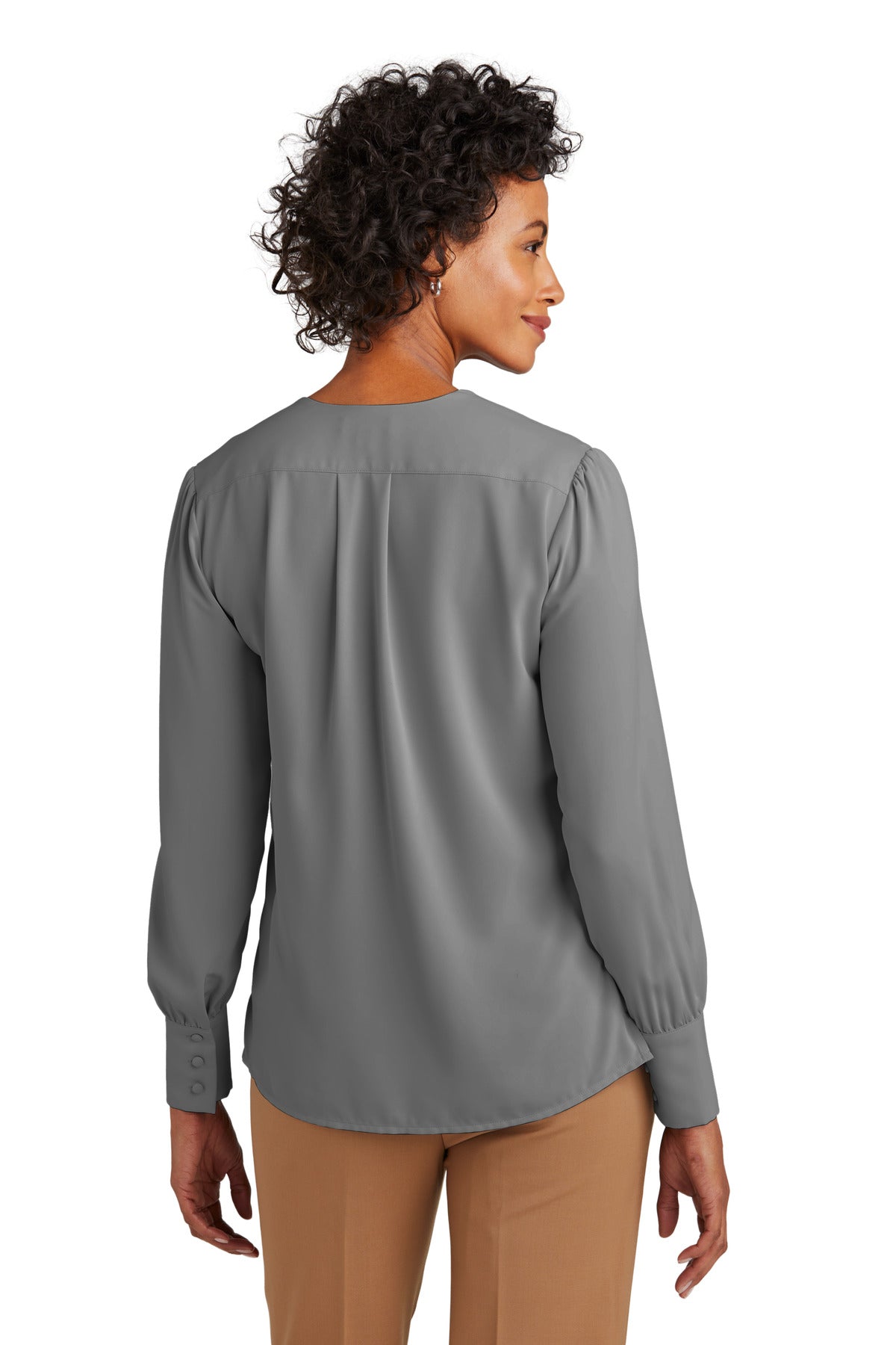 Custom Embroidered Brooks Brothers Women's Open-Neck Satin Blouse BB18009,Shadow Grey
