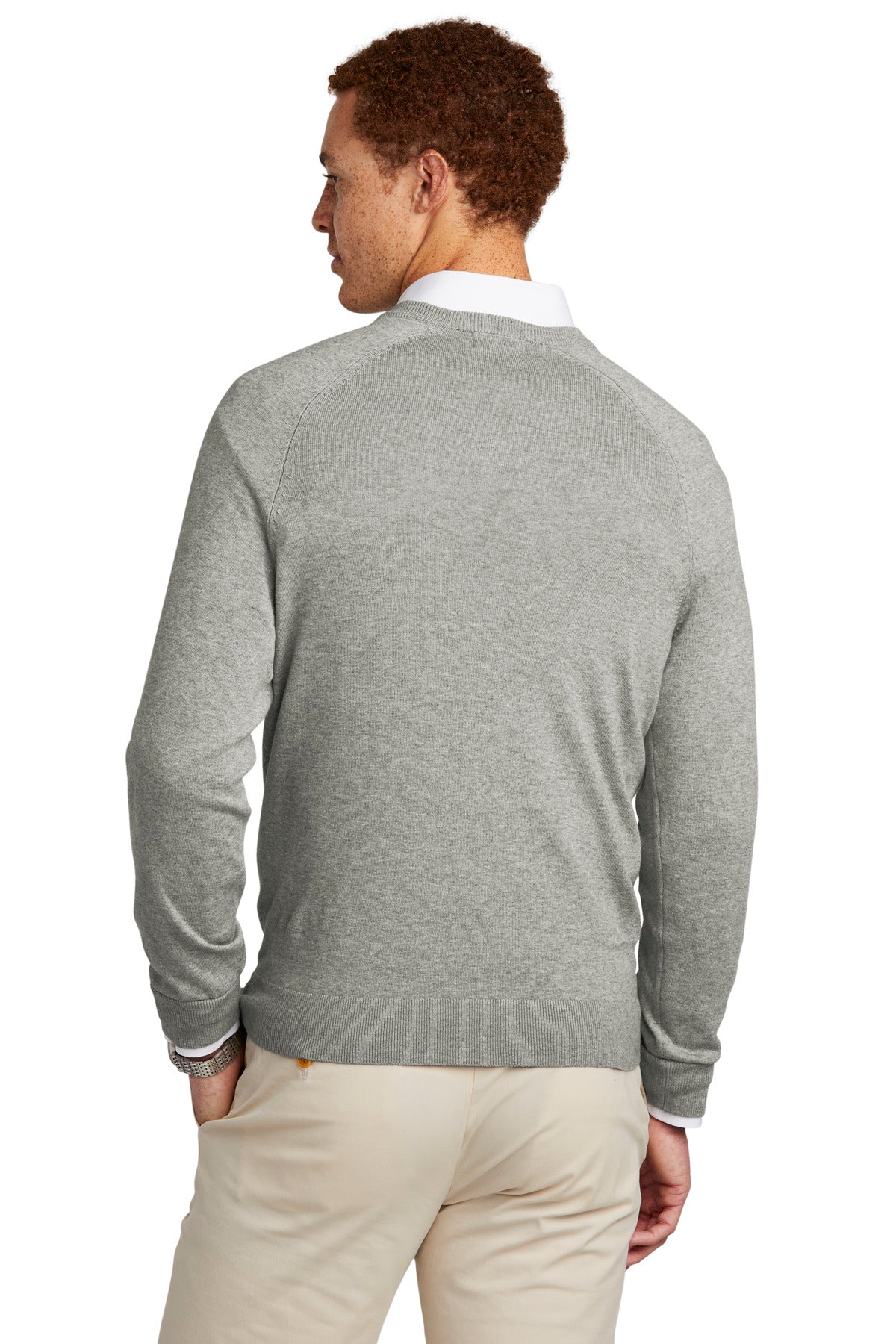 Custom Embroidered Brooks Brothers Cotton Stretch V-Neck Sweater BB18400,Light Shadow Grey Heather