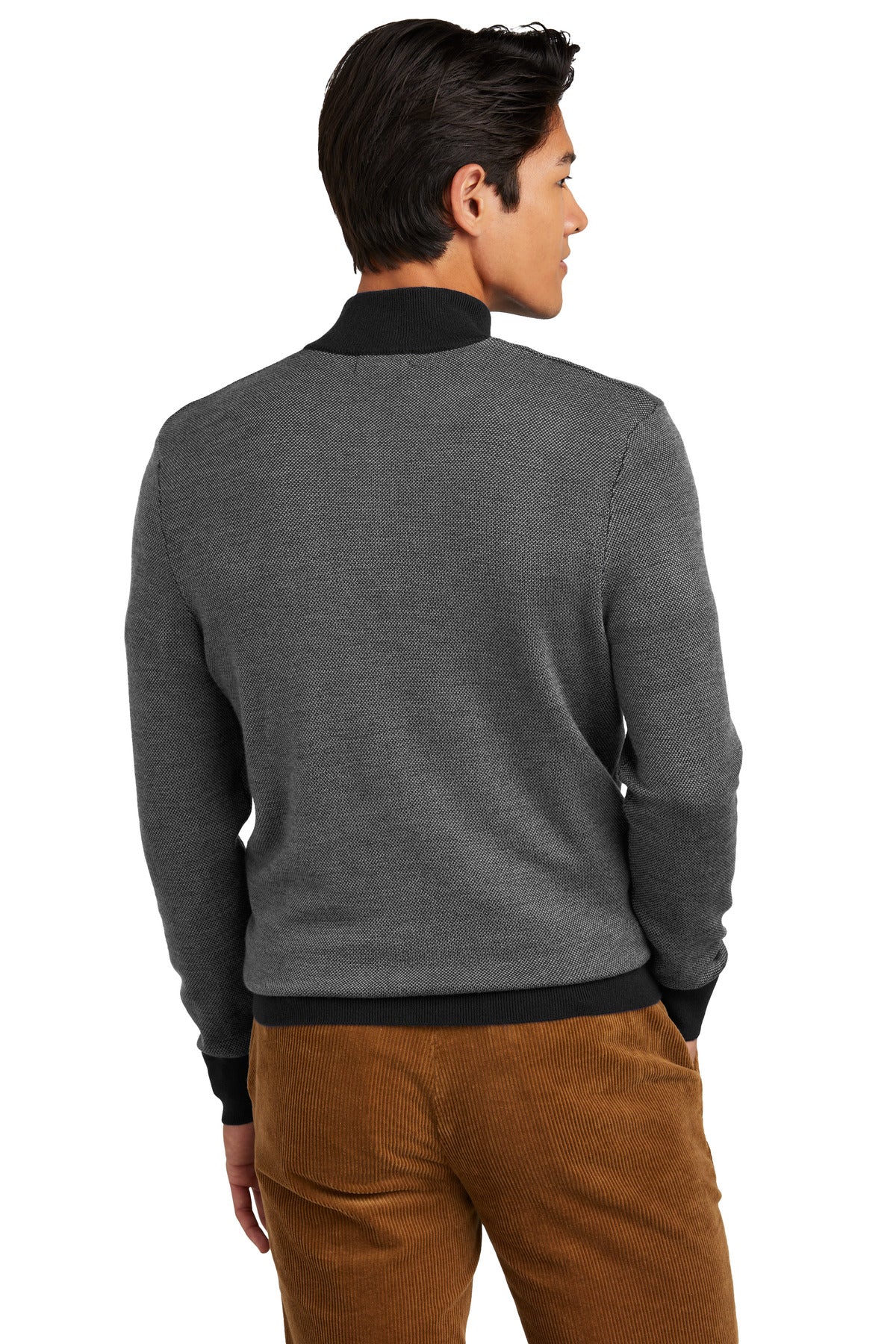 Custom Embroidered Brooks Brothers Washable Merino Birdseye 1/4-Zip Sweater BB18412,Deep Black/ Shadow Grey