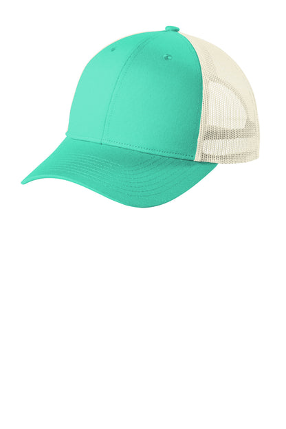 Custom Embroidered Port Authority Caps in Bright Seafoam/ Ecru