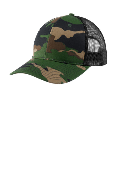 Custom Embroidered Port Authority Caps in Woodland Camo/ Black