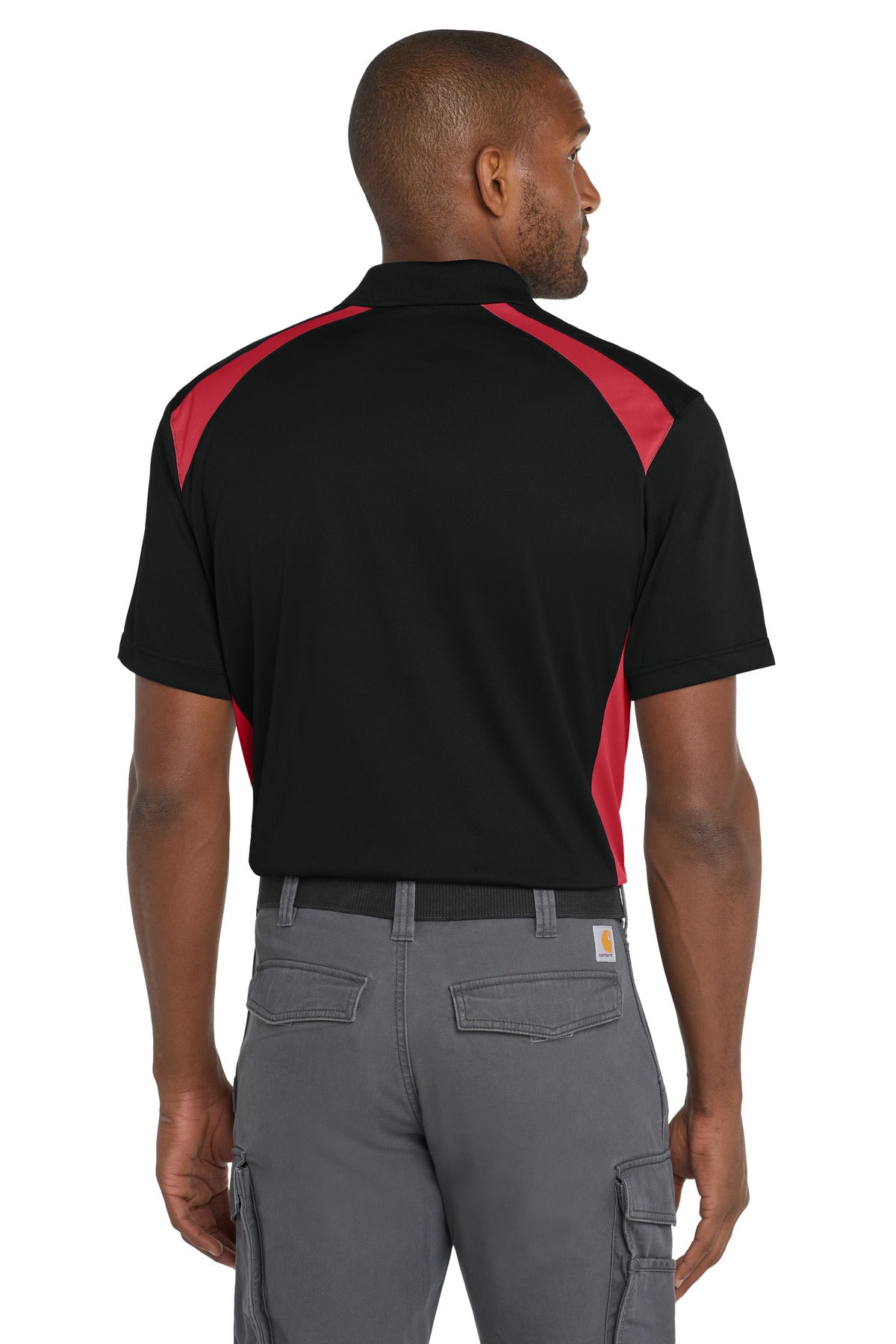 Custom Embroidered CornerStone Select Snag-Proof Two Way Colorblock Pocket Polo. CS416,Black/ Red