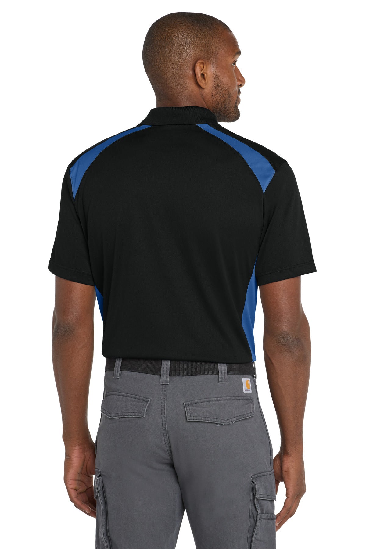 Custom Embroidered CornerStone Select Snag-Proof Two Way Colorblock Pocket Polo. CS416,Black/ Royal