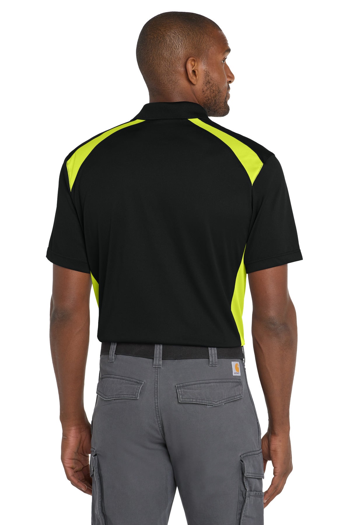 Custom Embroidered CornerStone Select Snag-Proof Two Way Colorblock Pocket Polo. CS416,Black/ Shock Green