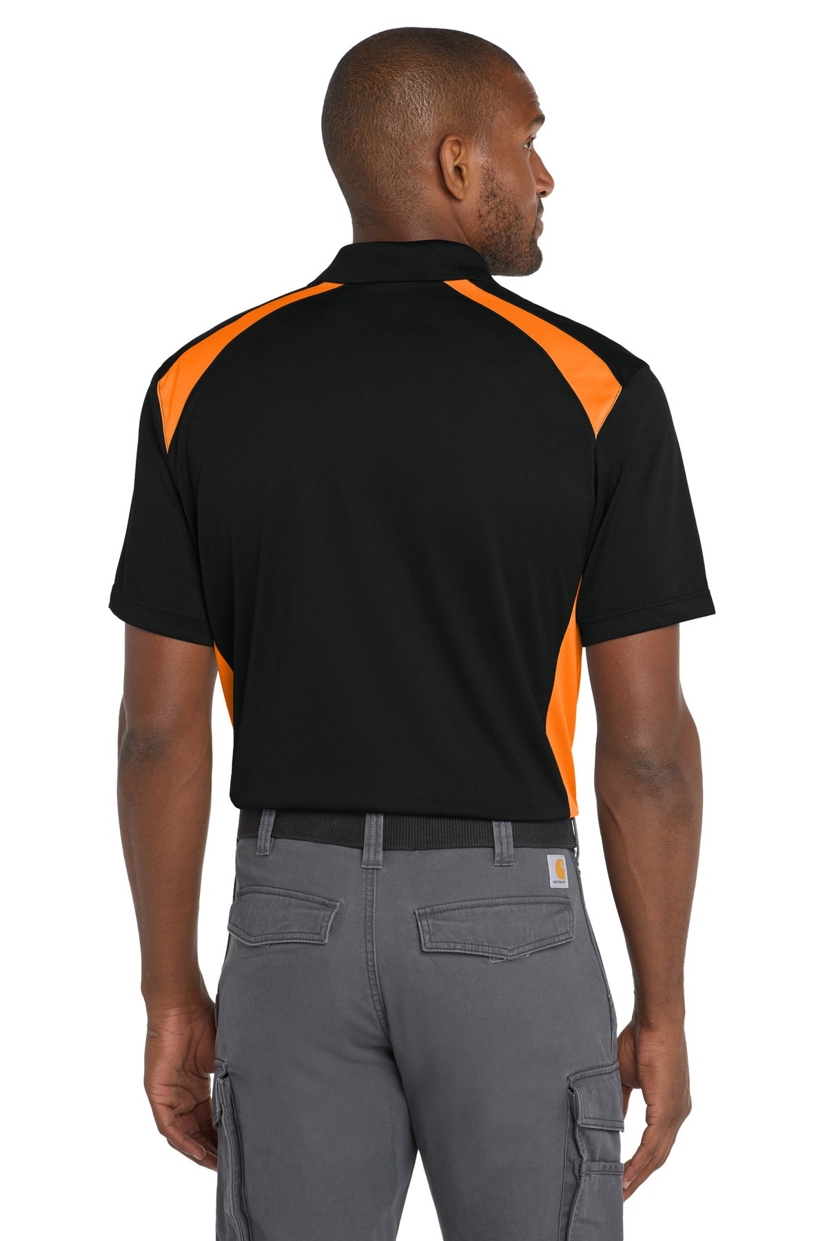 Custom Embroidered CornerStone Select Snag-Proof Two Way Colorblock Pocket Polo. CS416,Black/ Shock Orange