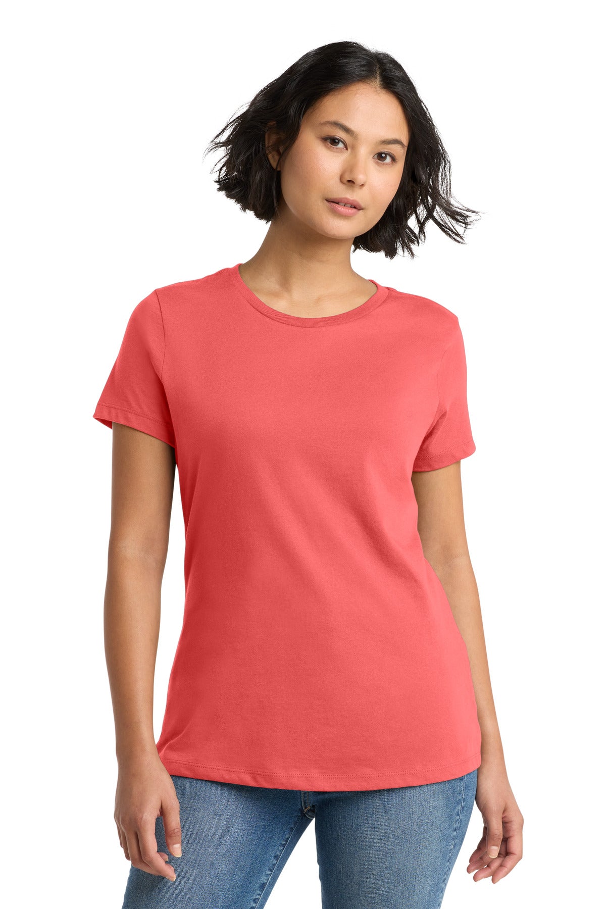 Custom Embroidered District T-Shirts  in Coral