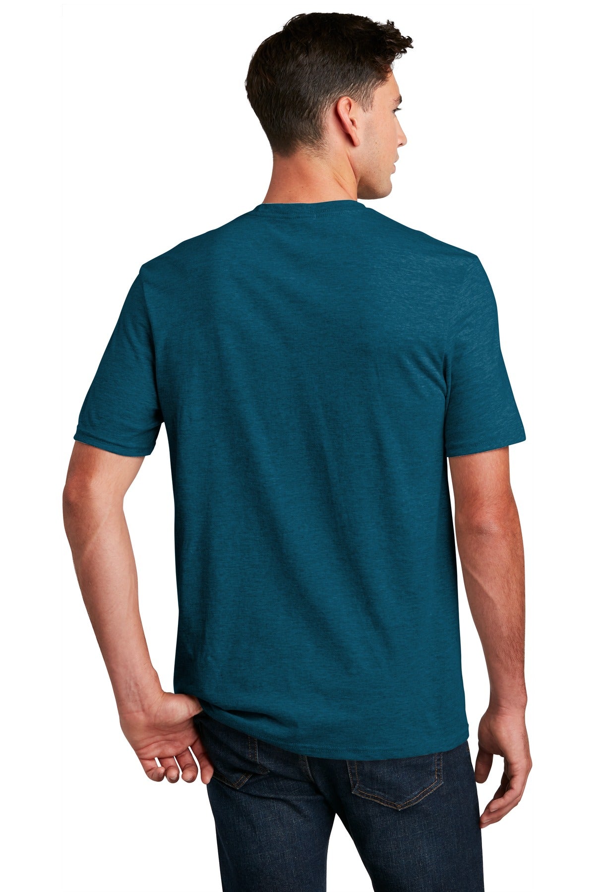 Custom Embroidered District Perfect Blend CVC Tee. DM108,Deep Turquoise Fleck