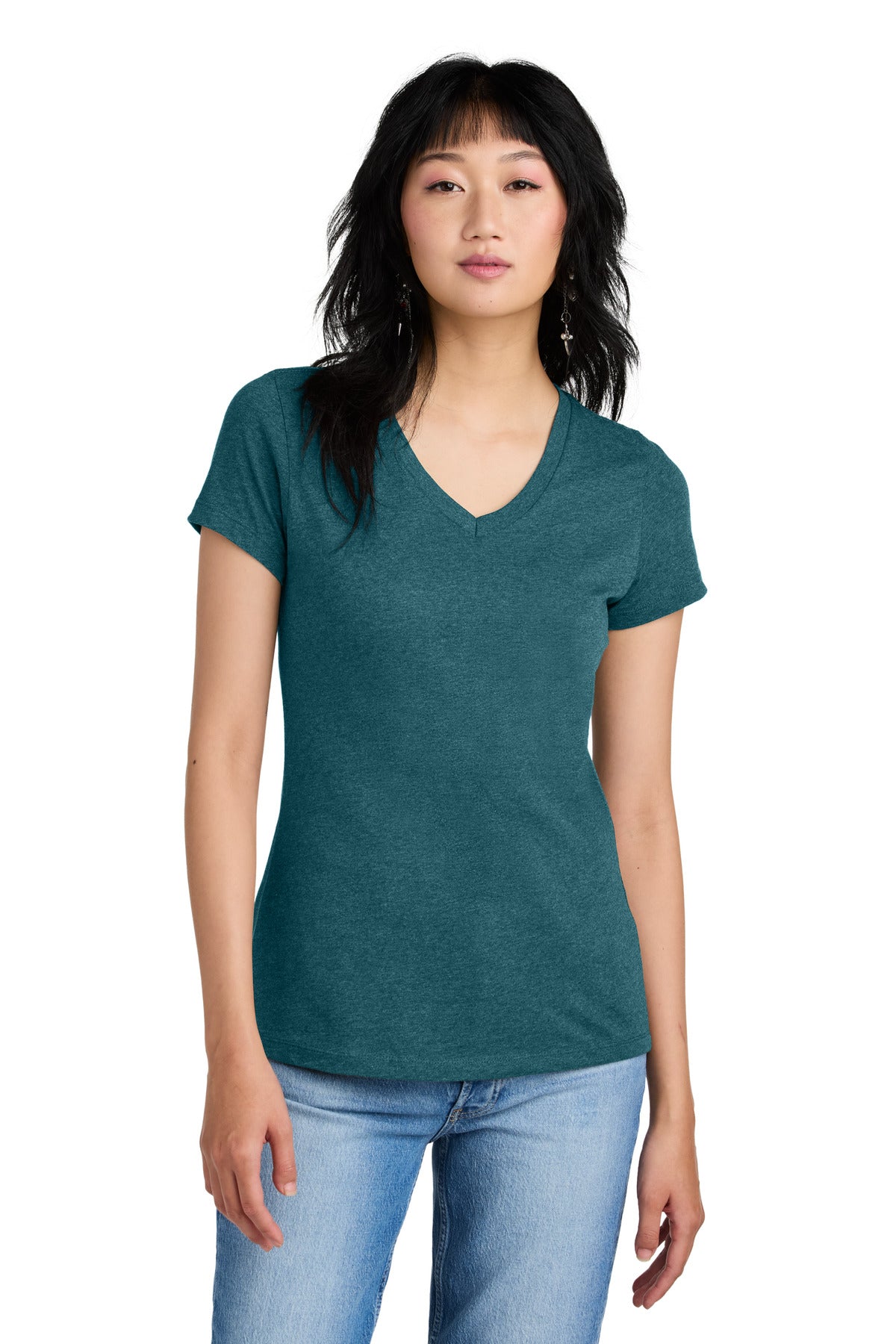 District - Women's Perfect Weight V-Neck Tee. DM1170L Caribbean Blue Heather