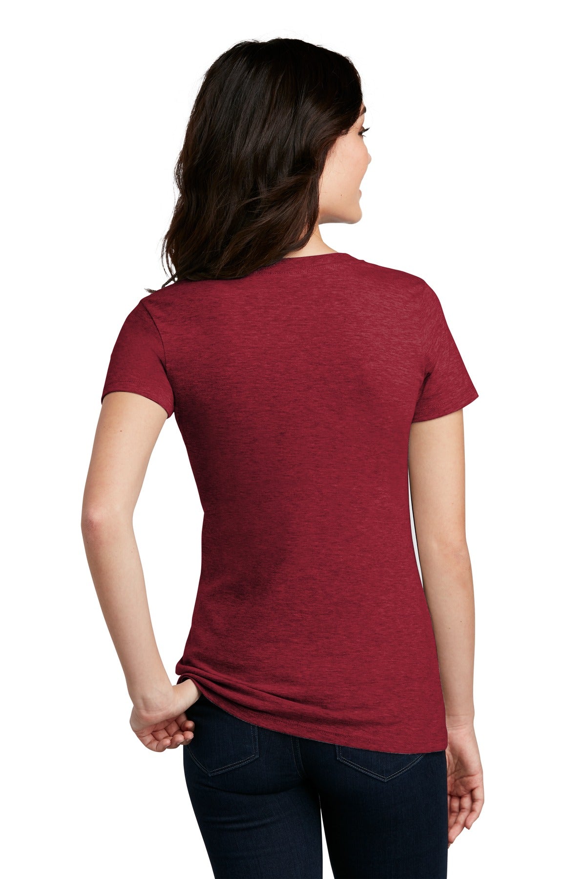 Custom Embroidered District Women's Perfect Blend CVC V-Neck Tee. DM1190L,Red Fleck