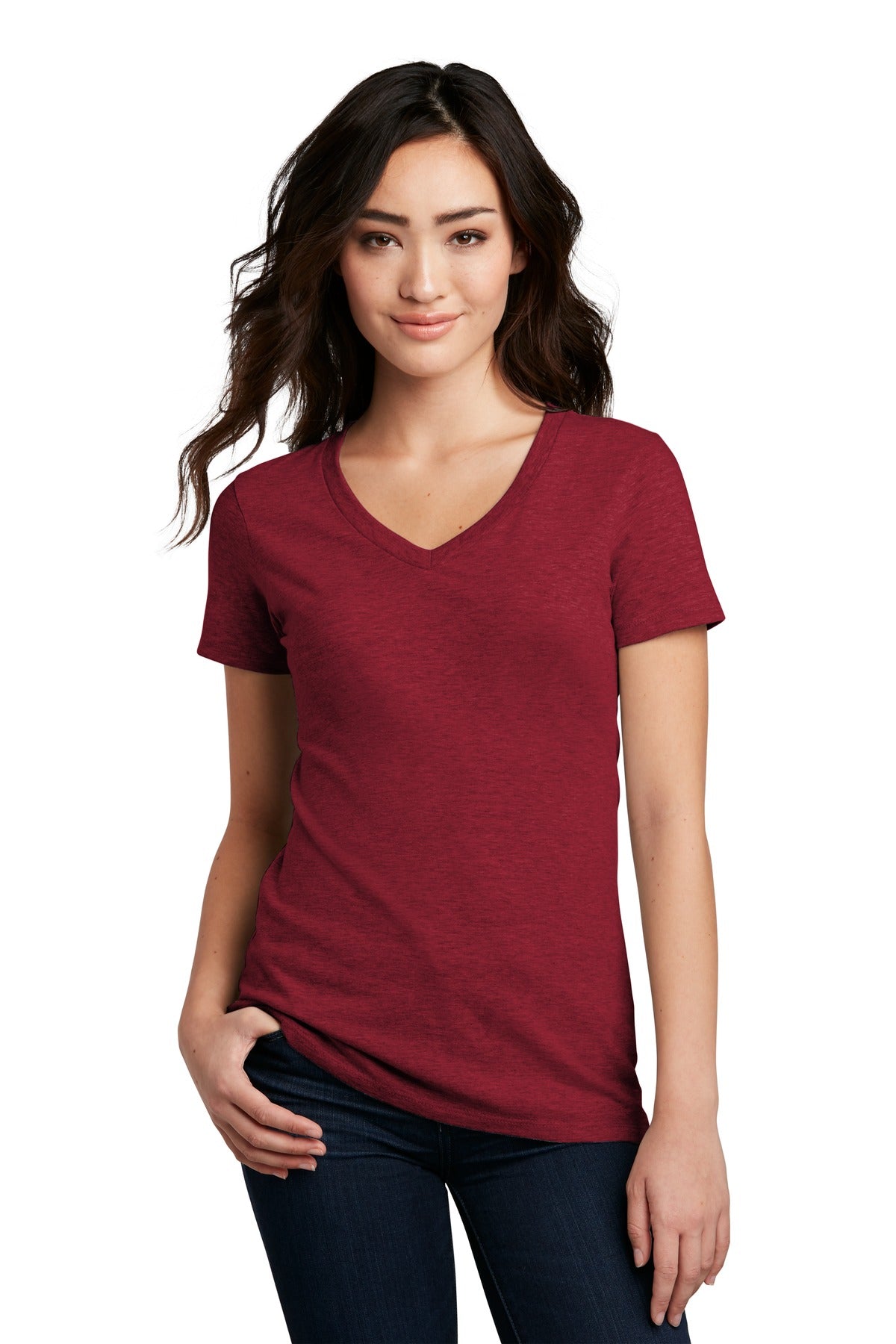 District Women's Perfect Blend CVC V-Neck Tee. DM1190L Red Fleck