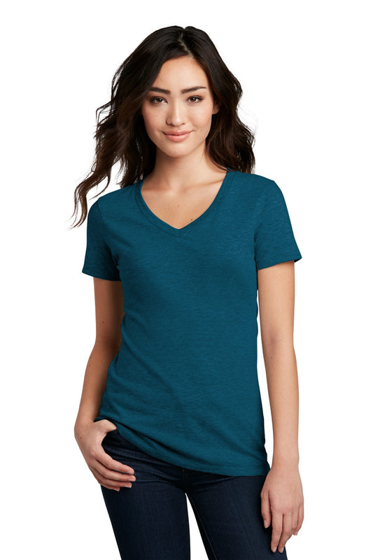 District Women's Perfect Blend CVC V-Neck Tee. DM1190L Deep Turquoise Fleck