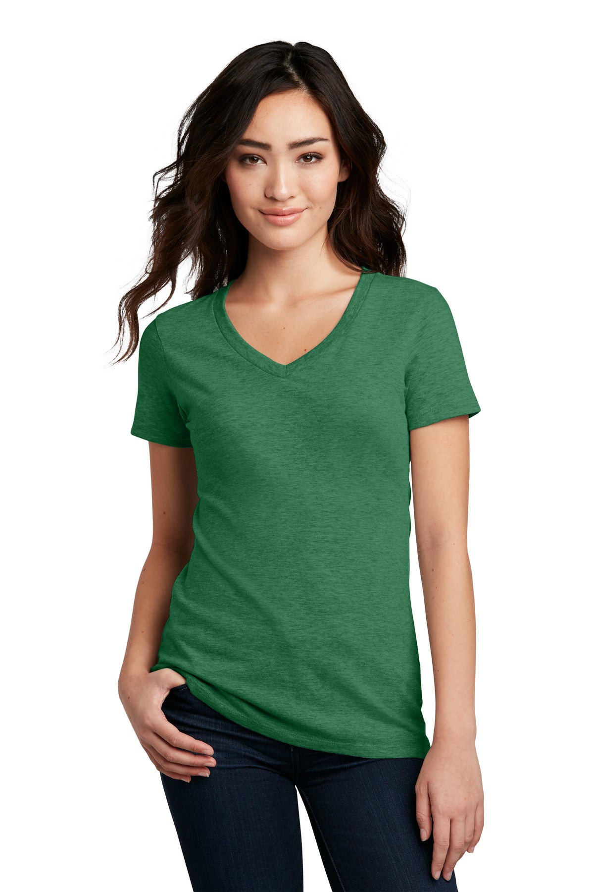 District Women's Perfect Blend CVC V-Neck Tee. DM1190L Heathered Kelly Green