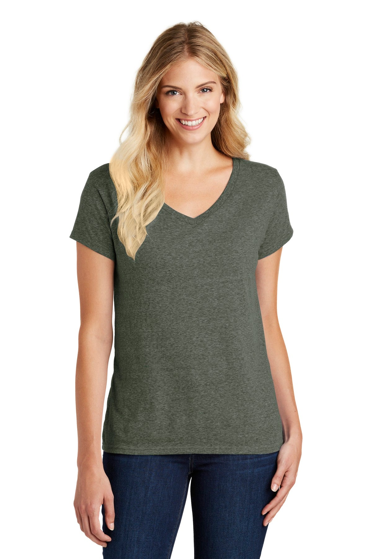 District Women's Perfect Blend CVC V-Neck Tee. DM1190L Heathered Olive