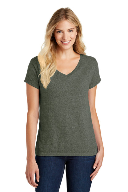 District Women's Perfect Blend CVC V-Neck Tee. DM1190L Heathered Olive