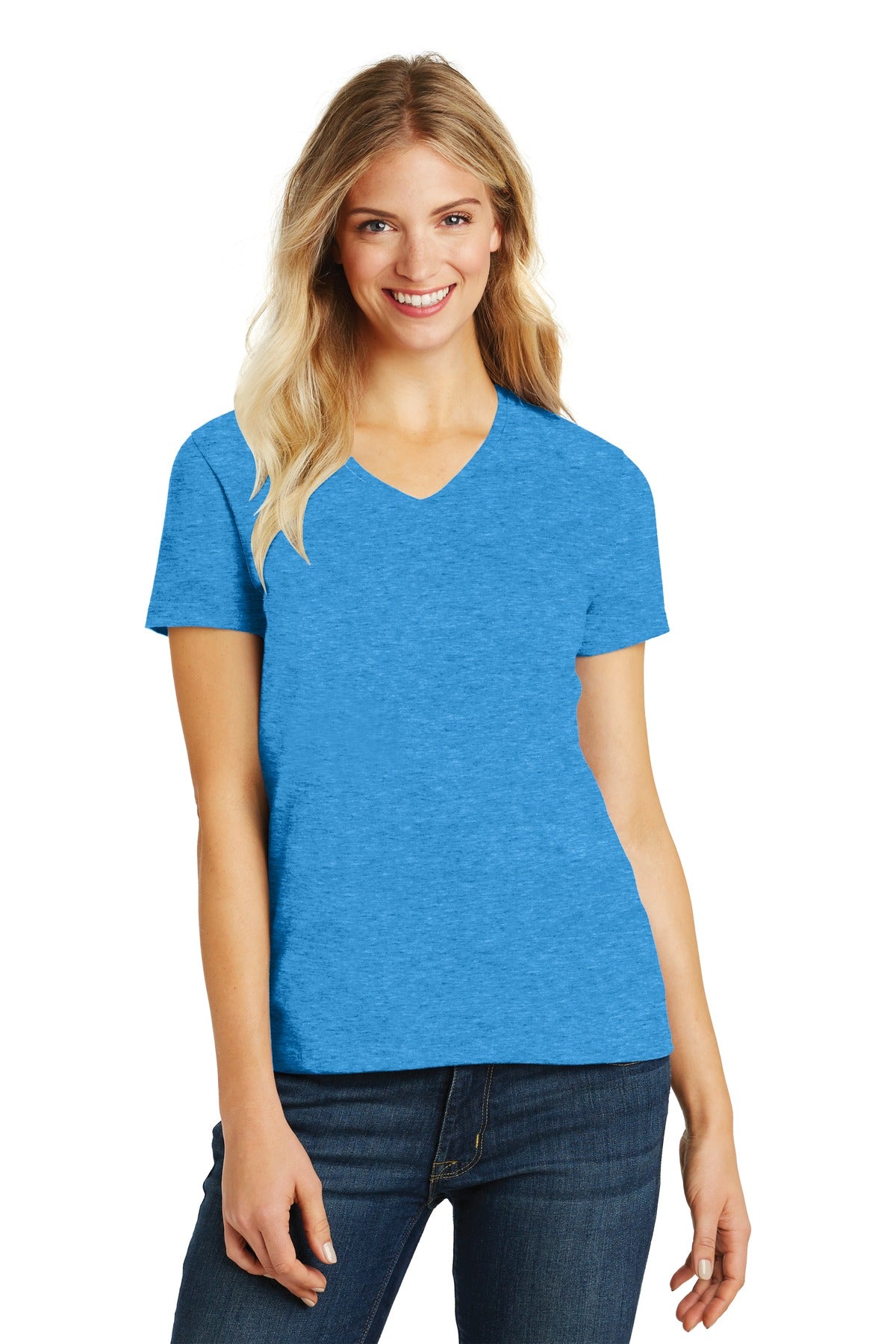 District Women's Perfect Blend CVC V-Neck Tee. DM1190L Heathered Bright Turquoise