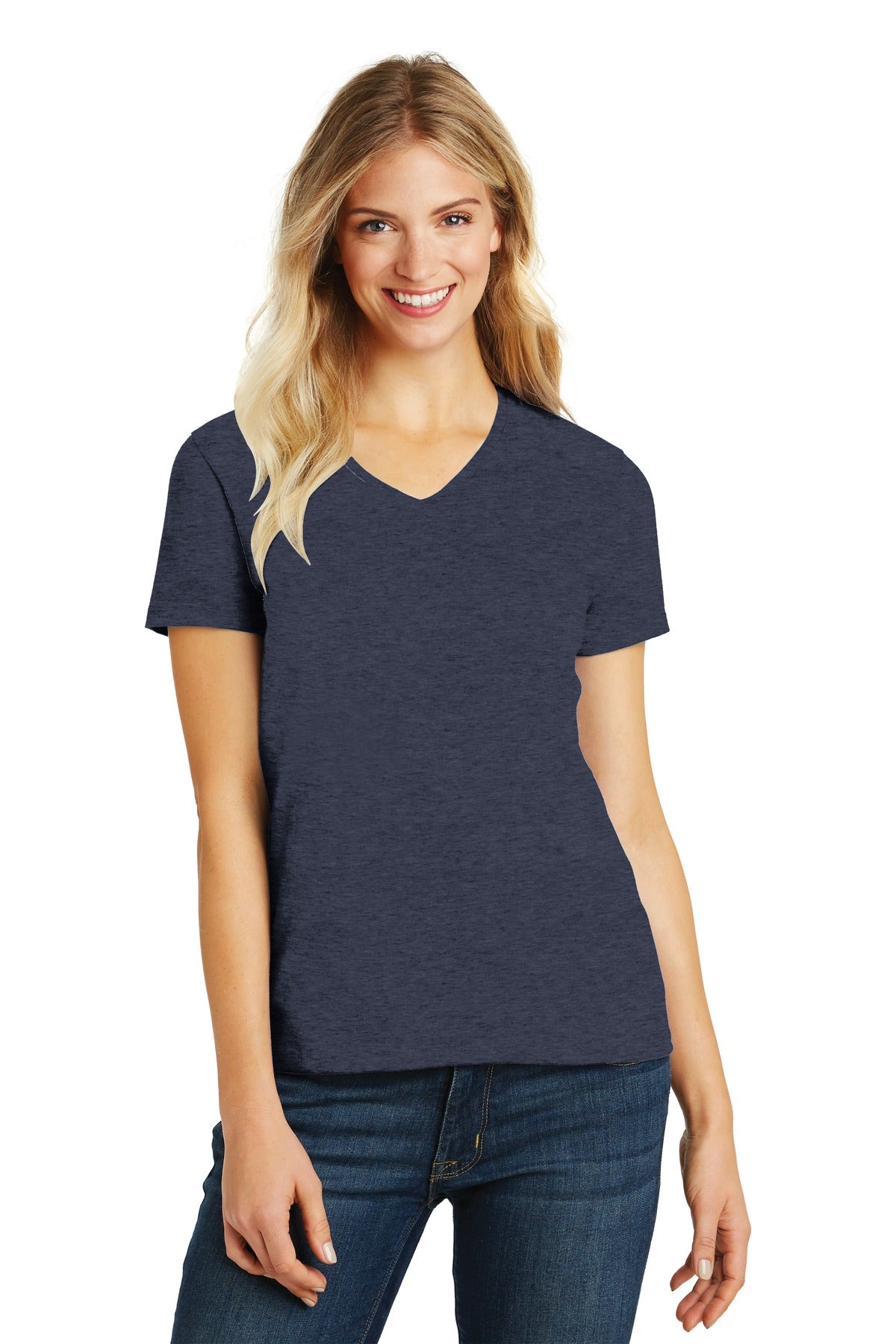 District Women's Perfect Blend CVC V-Neck Tee. DM1190L Heathered Navy