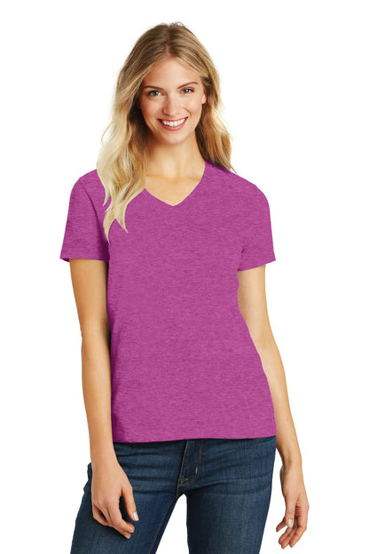 District Women's Perfect Blend CVC V-Neck Tee. DM1190L Heathered Pink Raspberry