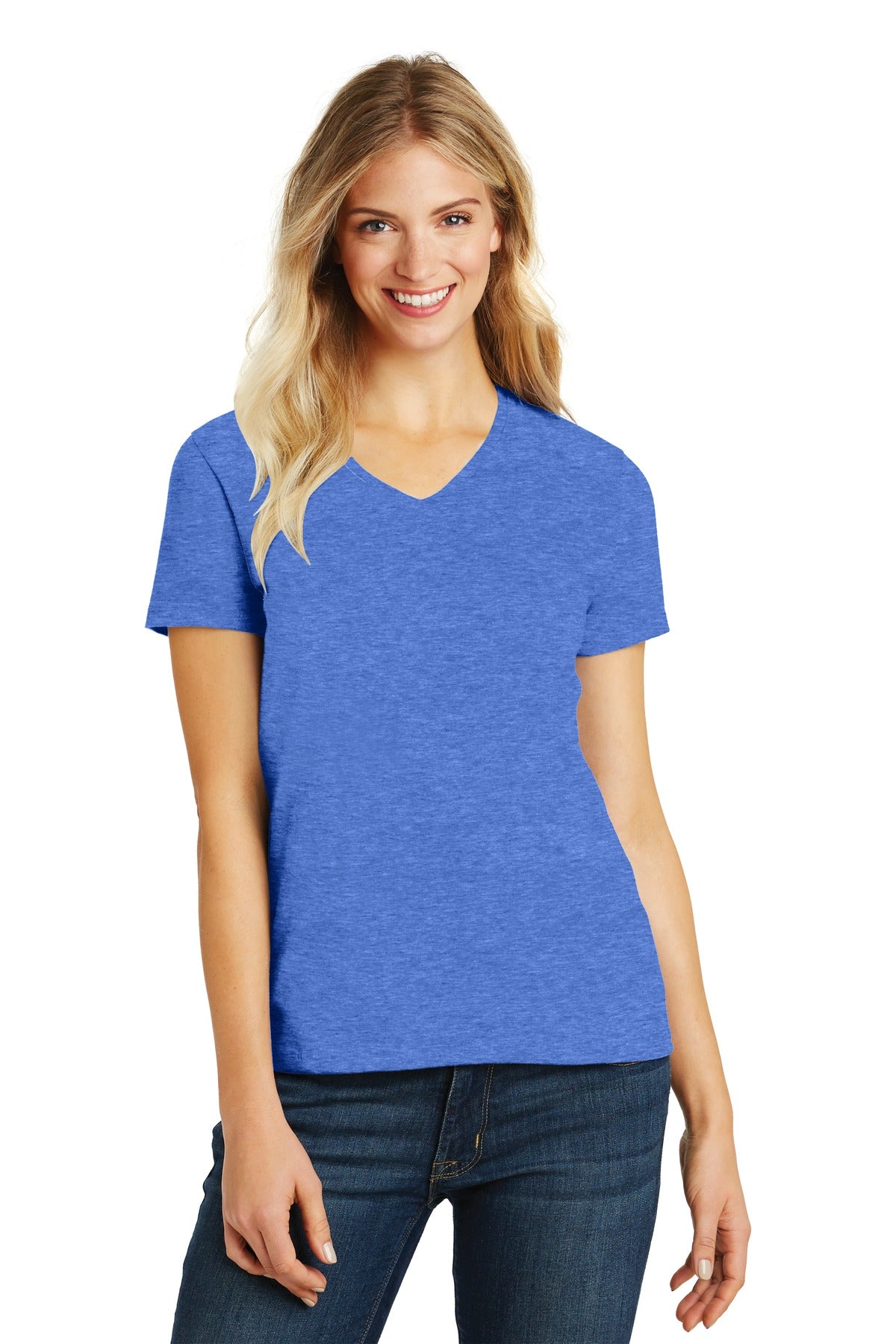 District Women's Perfect Blend CVC V-Neck Tee. DM1190L Heathered Royal