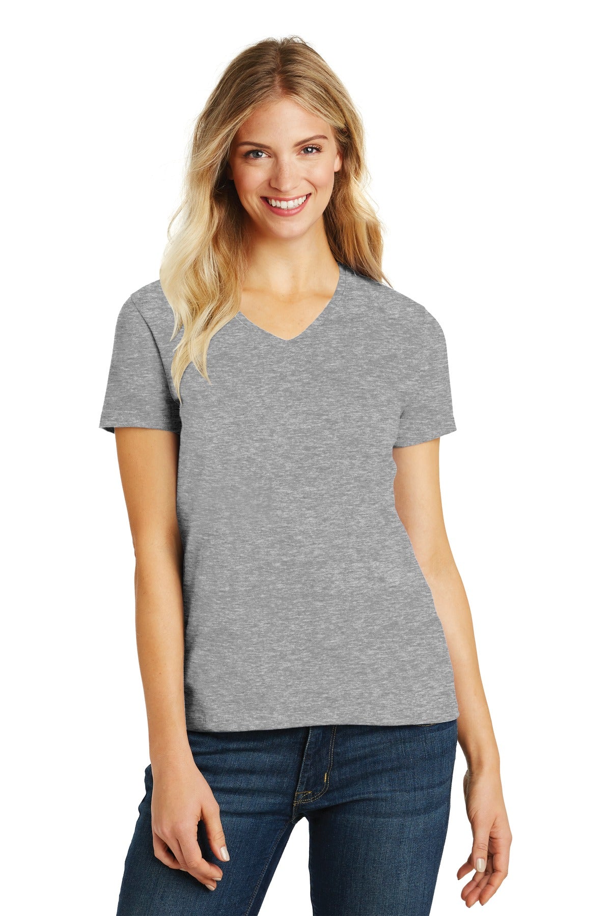 District Women's Perfect Blend CVC V-Neck Tee. DM1190L Light Heather Grey