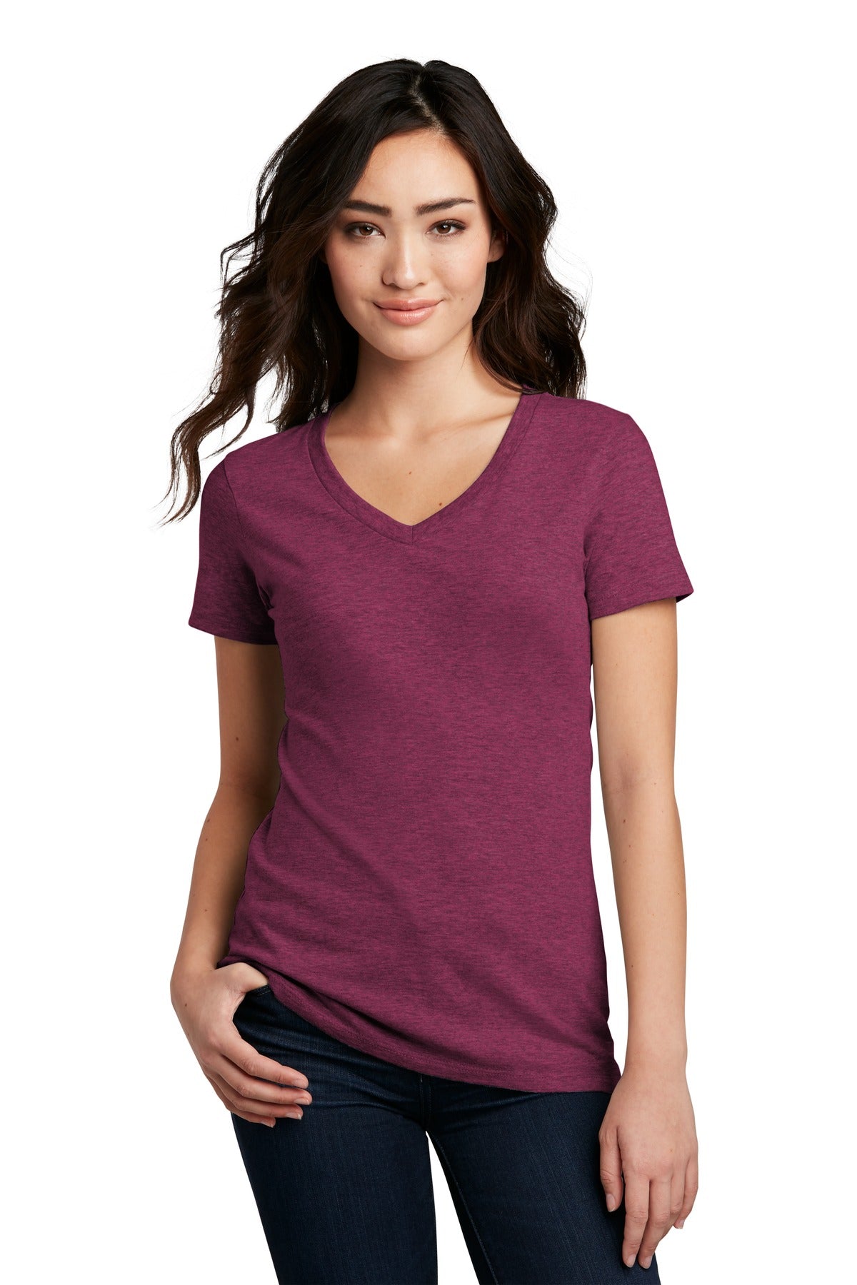 District Women's Perfect Blend CVC V-Neck Tee. DM1190L Raspberry Fleck