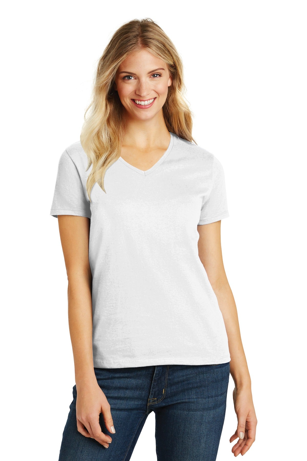 District Women's Perfect Blend CVC V-Neck Tee. DM1190L White