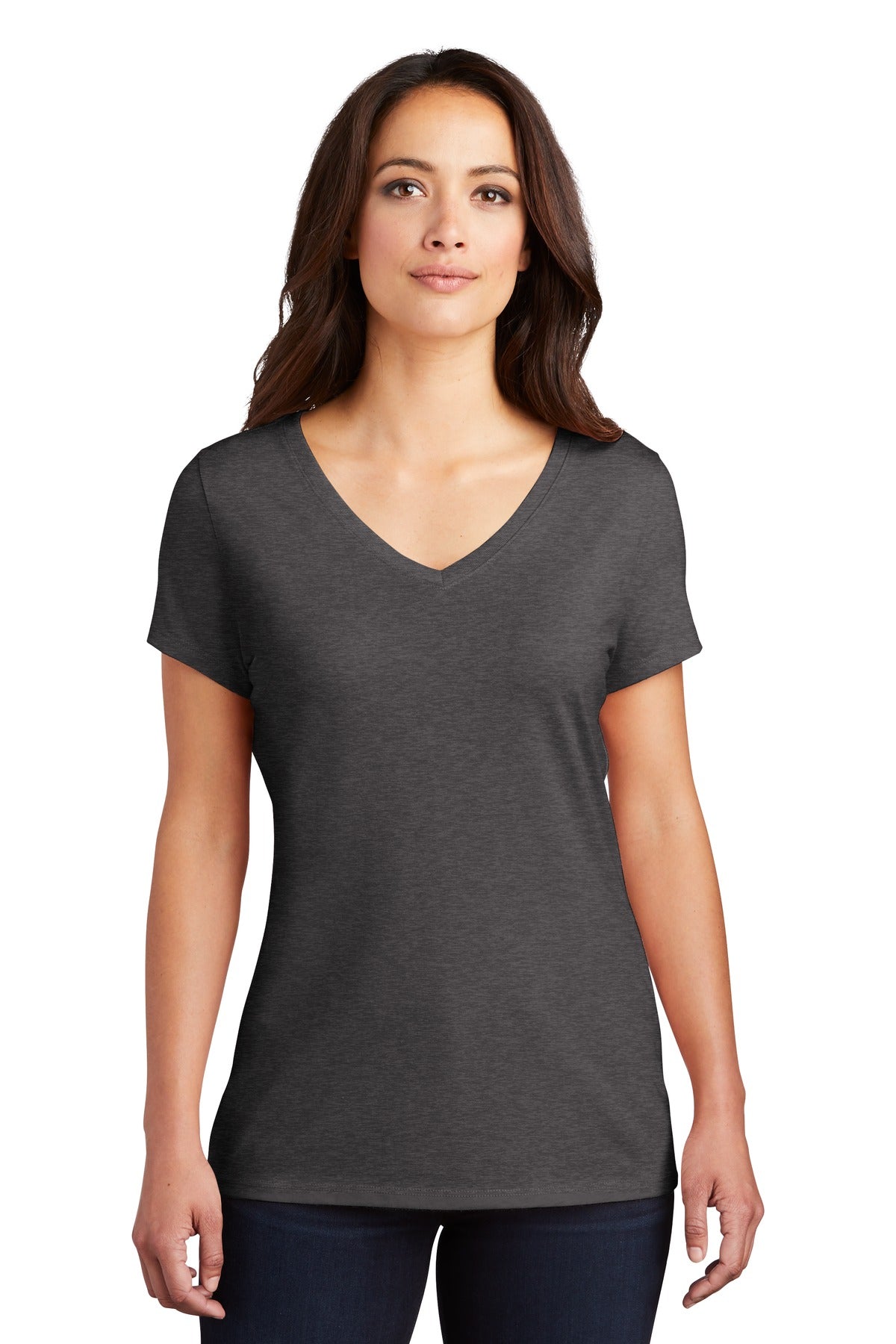 District Women's Perfect Tri V-Neck Tee. DM1350L Heathered Charcoal