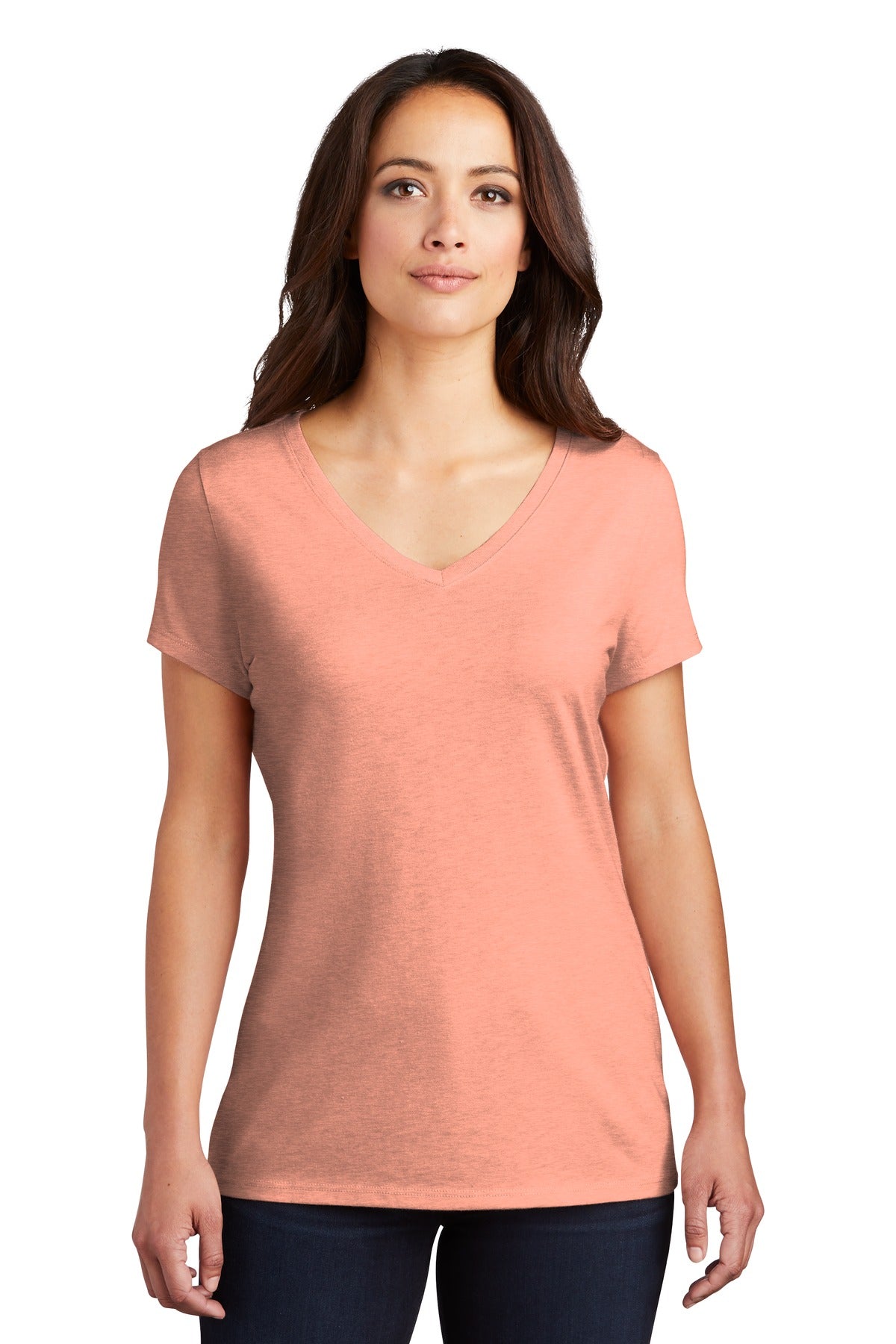 District Women's Perfect Tri V-Neck Tee. DM1350L Heathered Dusty Peach