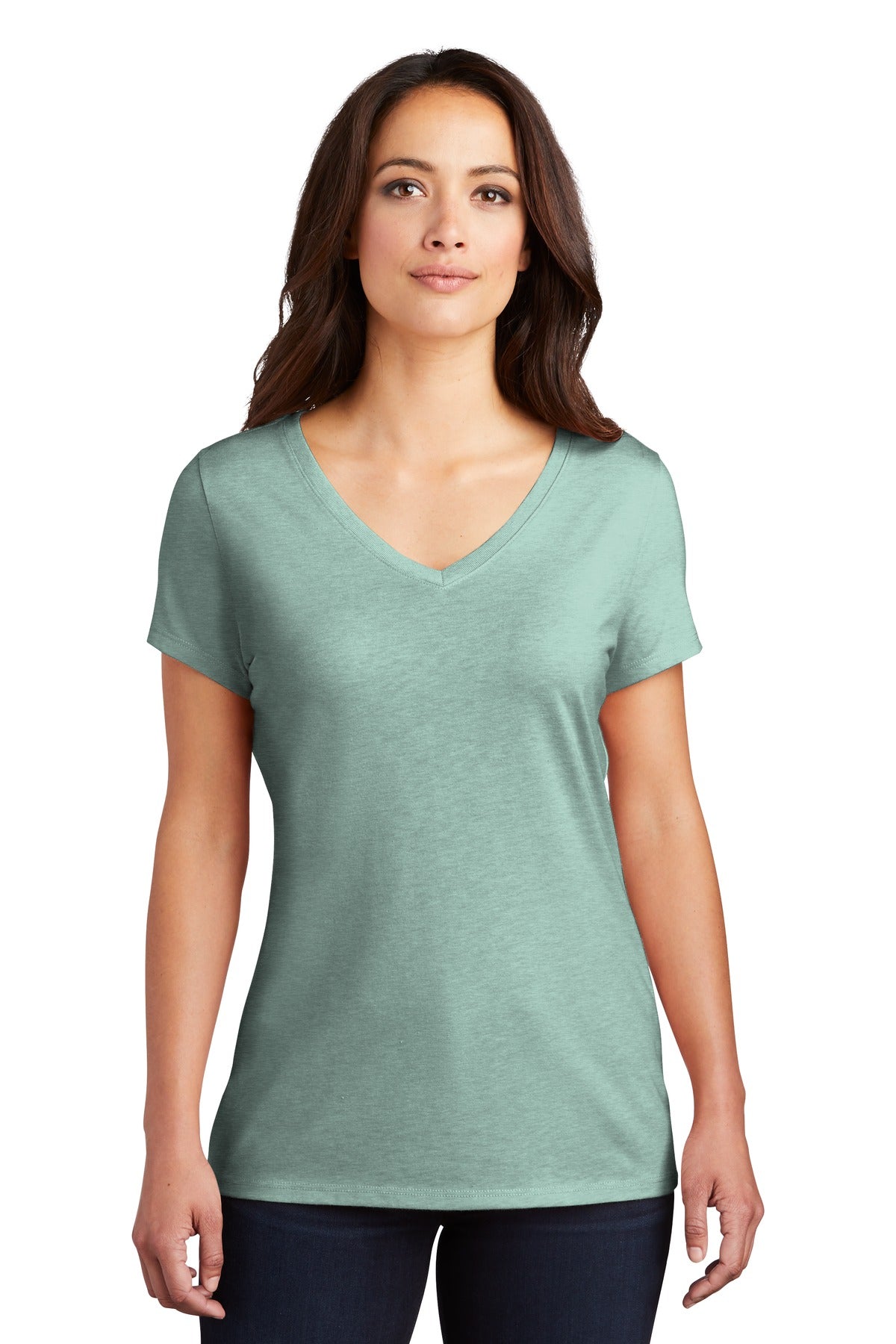District Women's Perfect Tri V-Neck Tee. DM1350L Heathered Dusty Sage