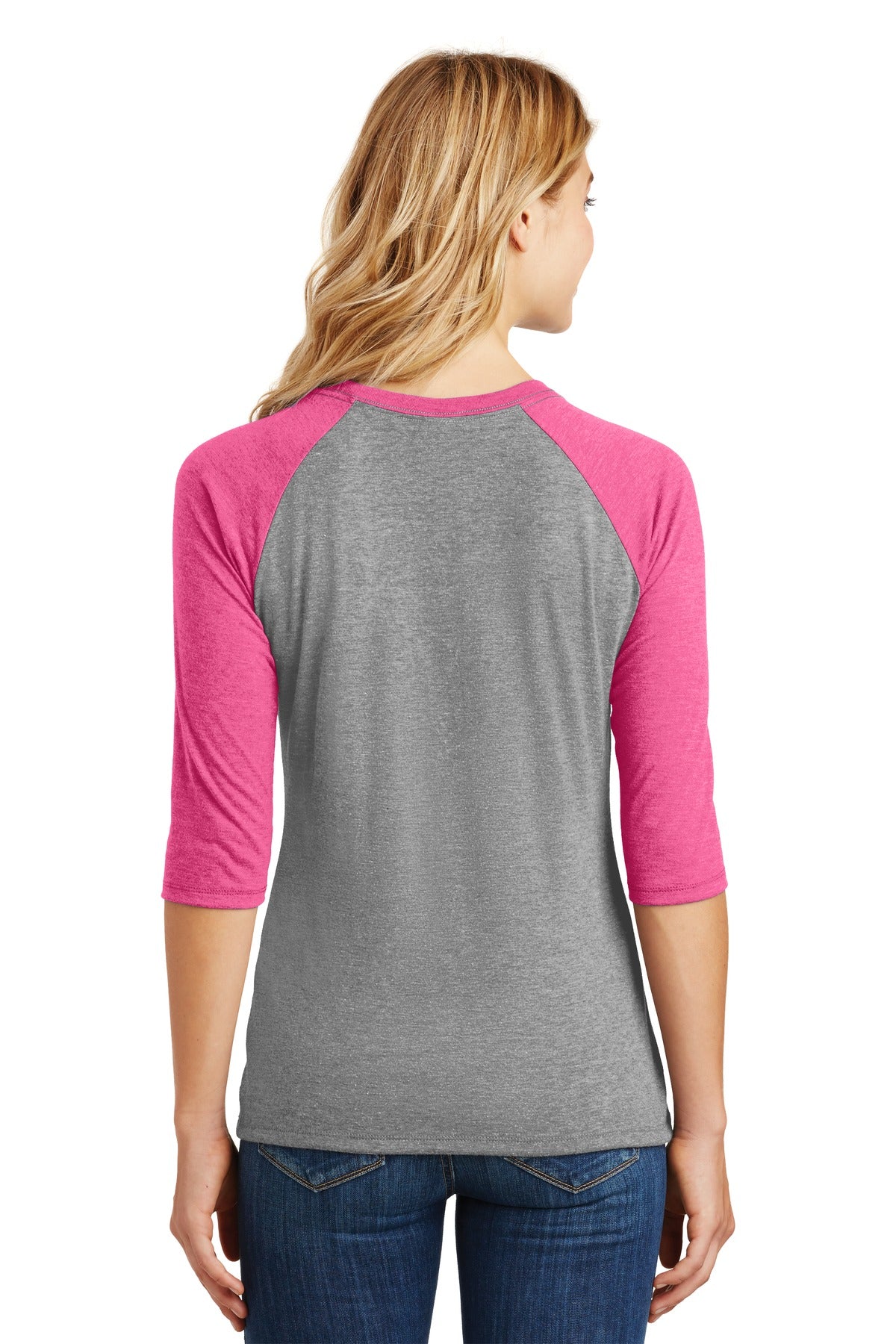 Custom Embroidered District Women's Perfect Tri 3/4-Sleeve Raglan. DM136L,Fuchsia Frost/ Grey Frost