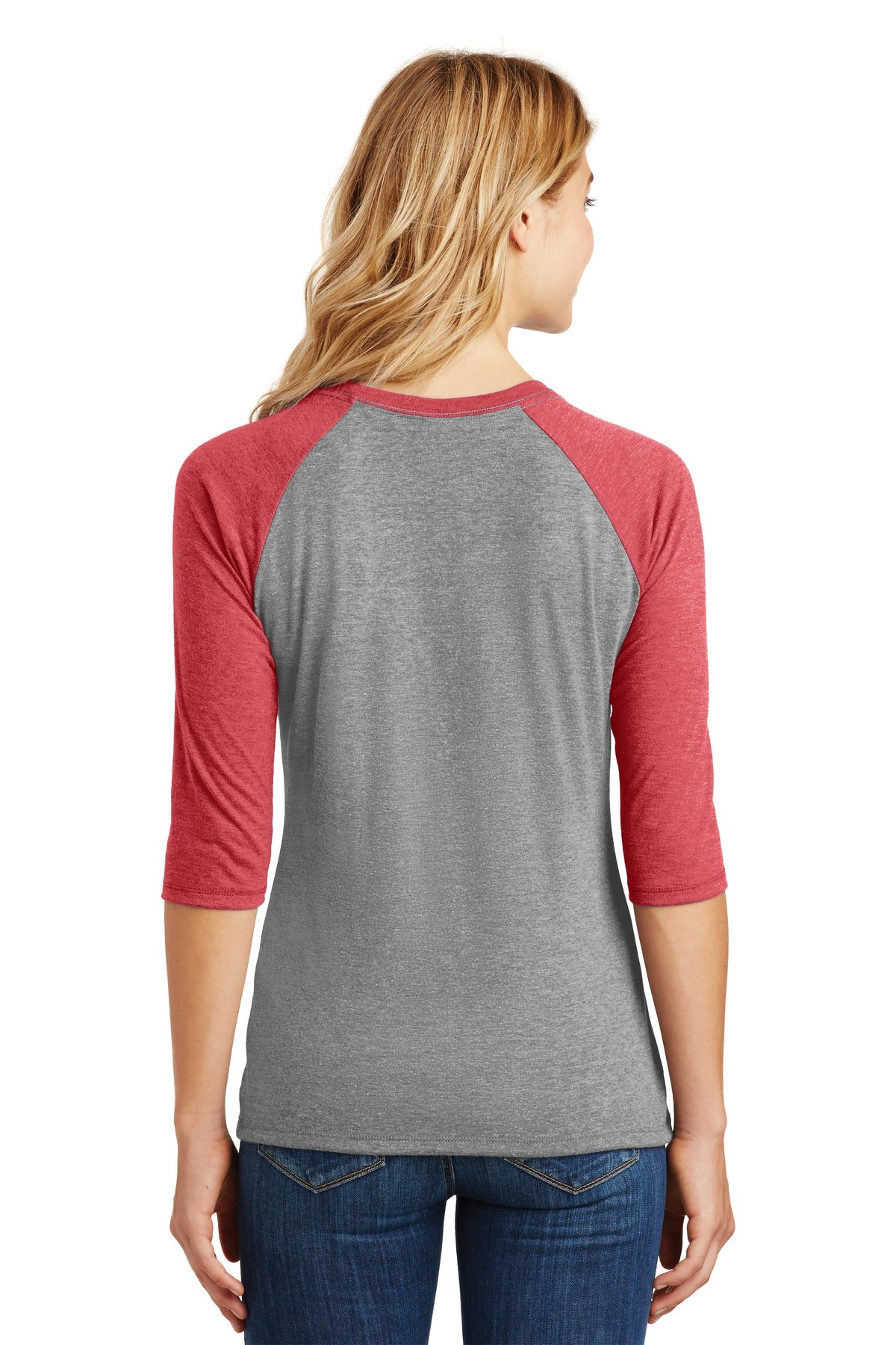 Custom Embroidered District Women's Perfect Tri 3/4-Sleeve Raglan. DM136L,Red Frost/ Grey Frost
