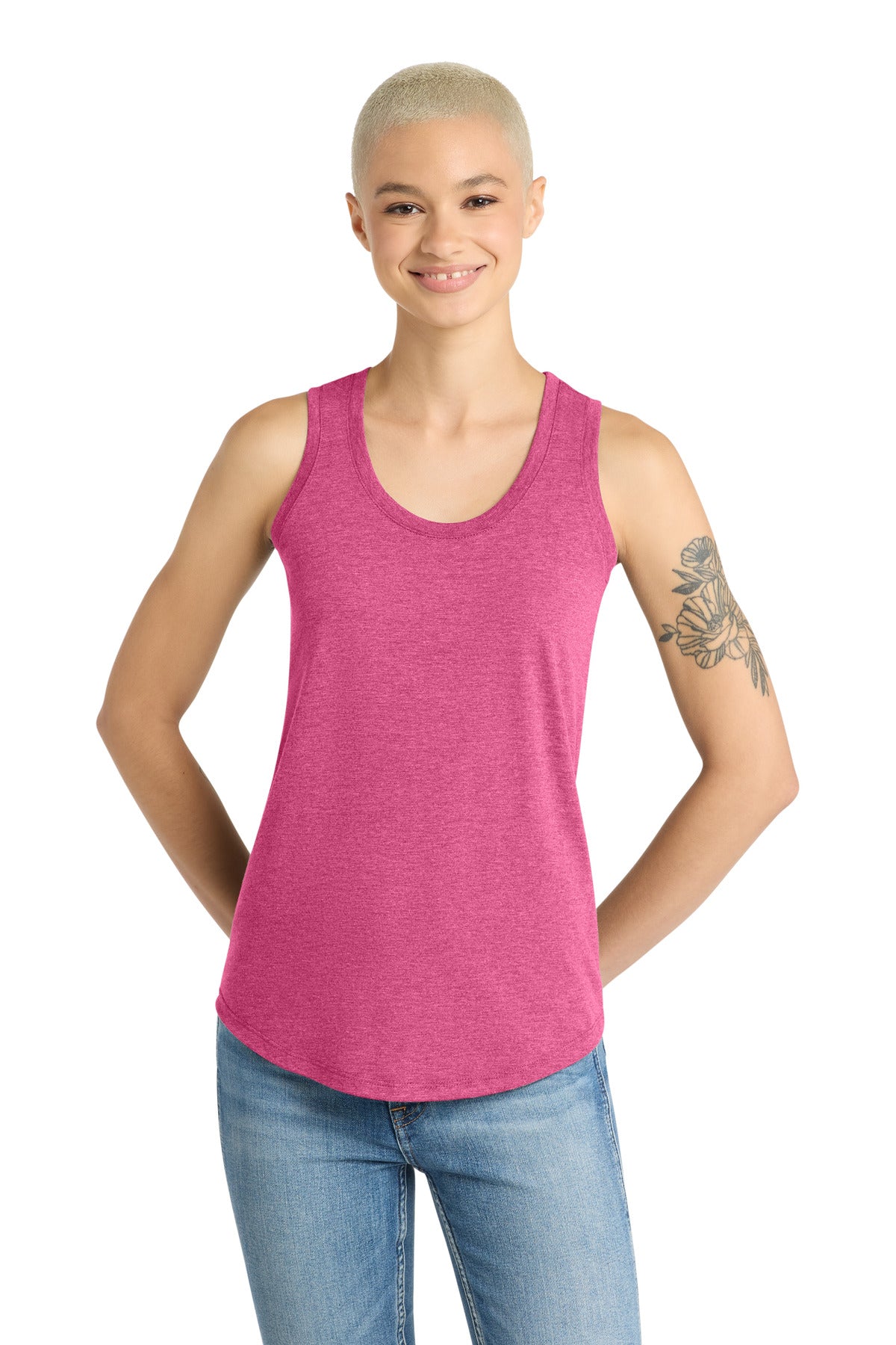 Custom Embroidered District T-Shirts  in Fuchsia Frost