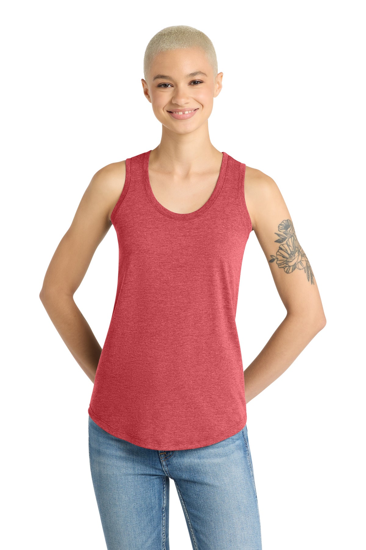 Custom Embroidered District T-Shirts  in Red Frost
