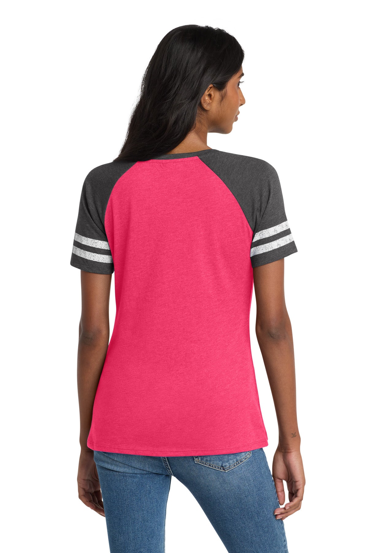 Custom Embroidered District T-Shirts  in Heathered Watermelon/ Heathered Charcoal