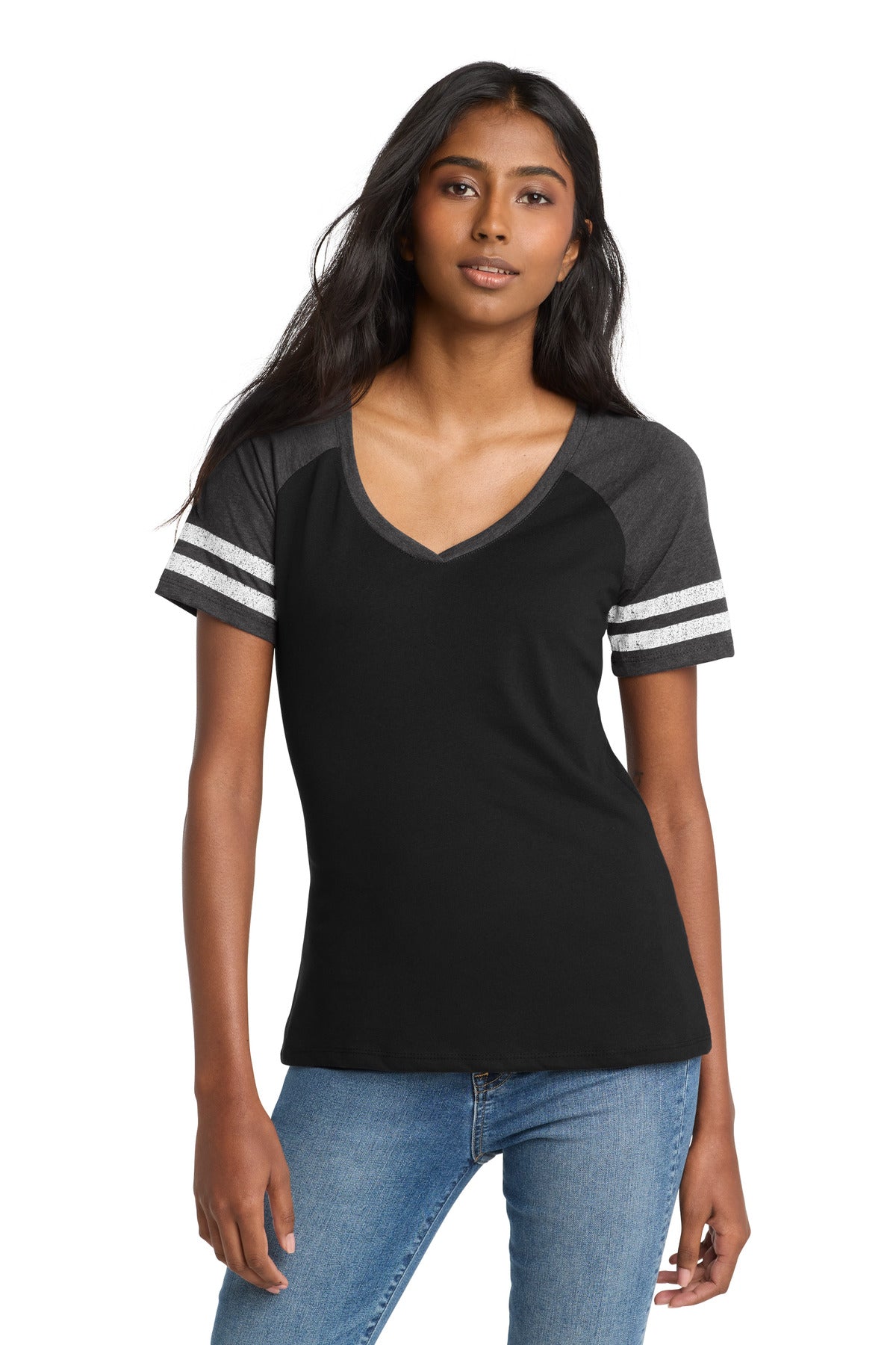 Custom Embroidered District T-Shirts  in Black/ Heathered Charcoal