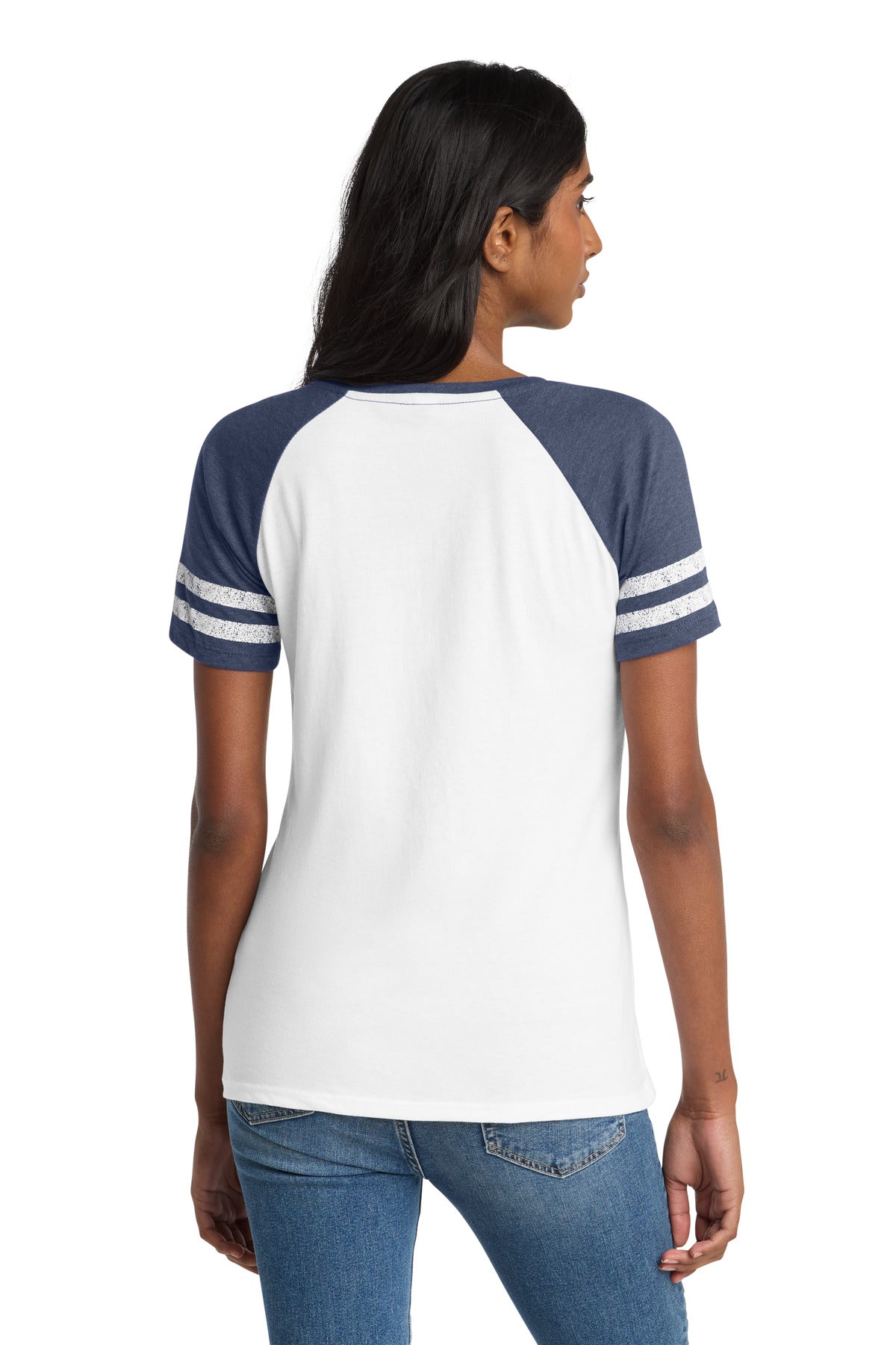 Custom Embroidered District T-Shirts  in White/ Heathered True Navy
