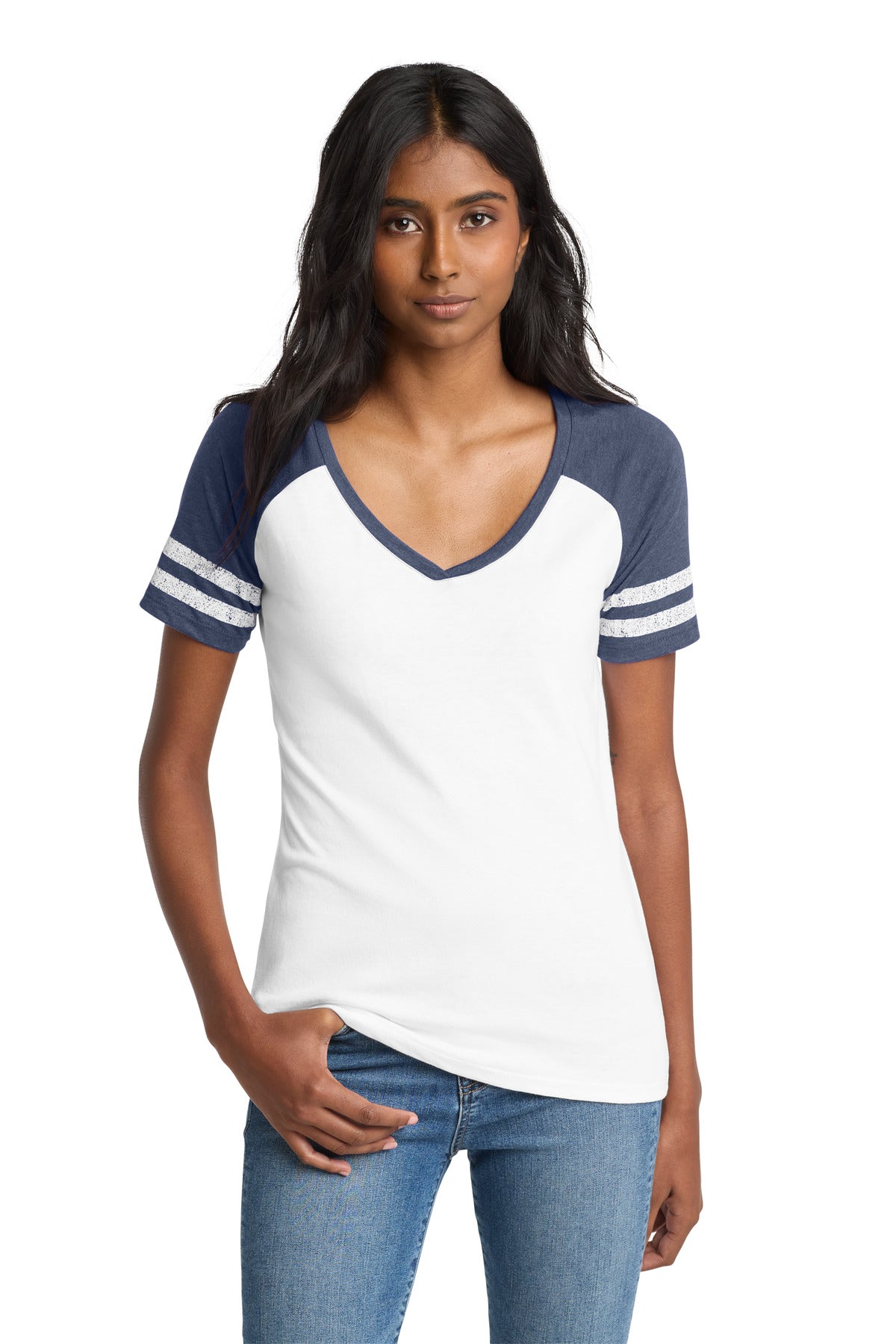 Custom Embroidered District T-Shirts  in White/ Heathered True Navy