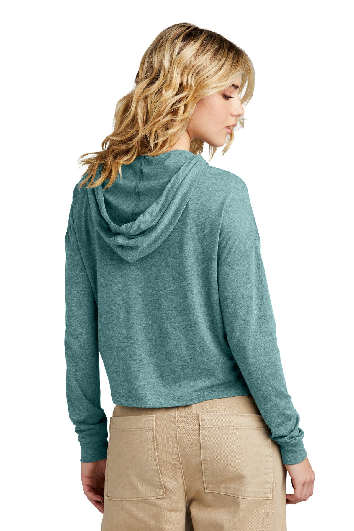 Custom Embroidered District Women's Perfect Tri Midi Long Sleeve Hoodie DT1390L,Heathered Eucalyptus Blue
