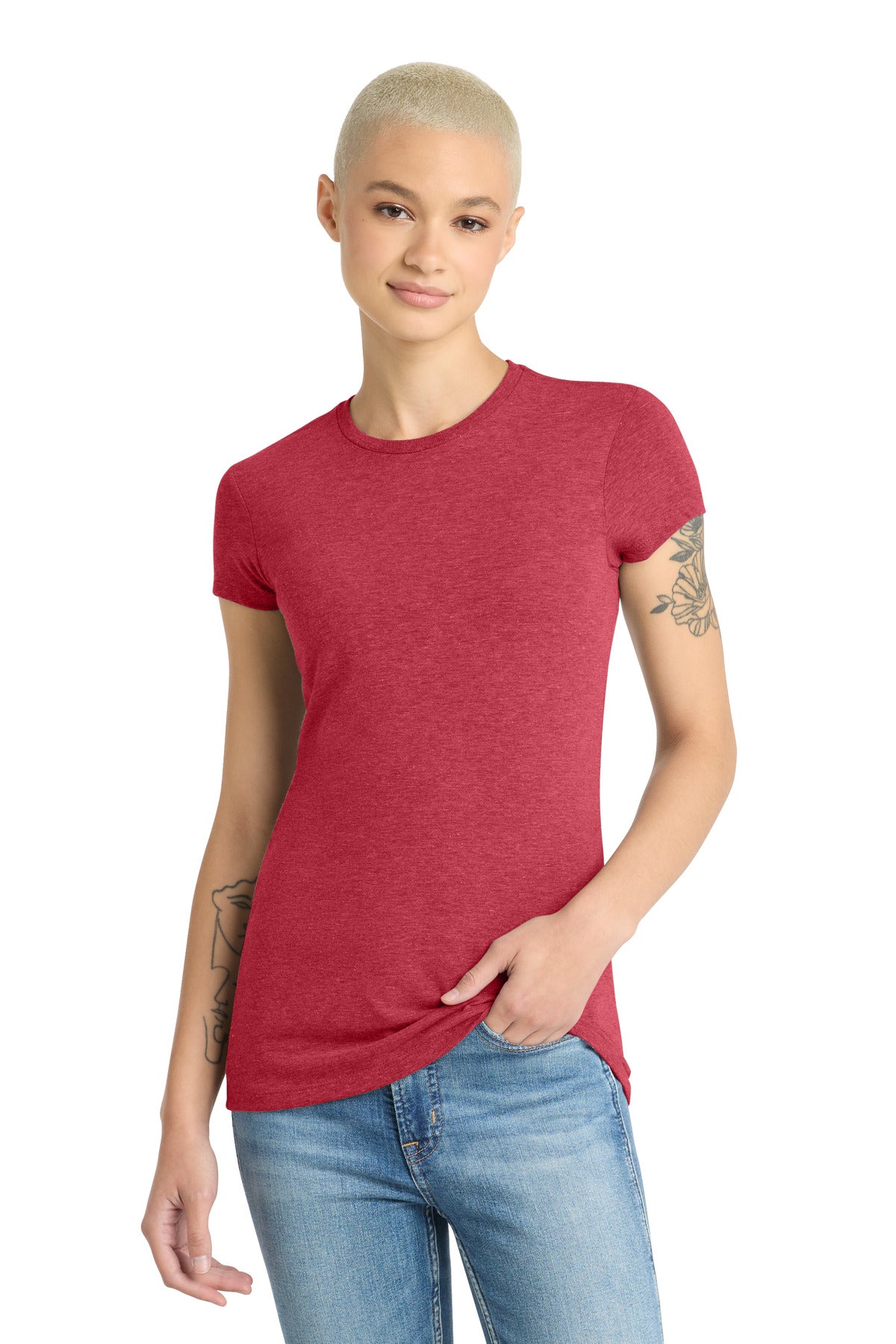 Custom Embroidered District T-Shirts  in Red Frost