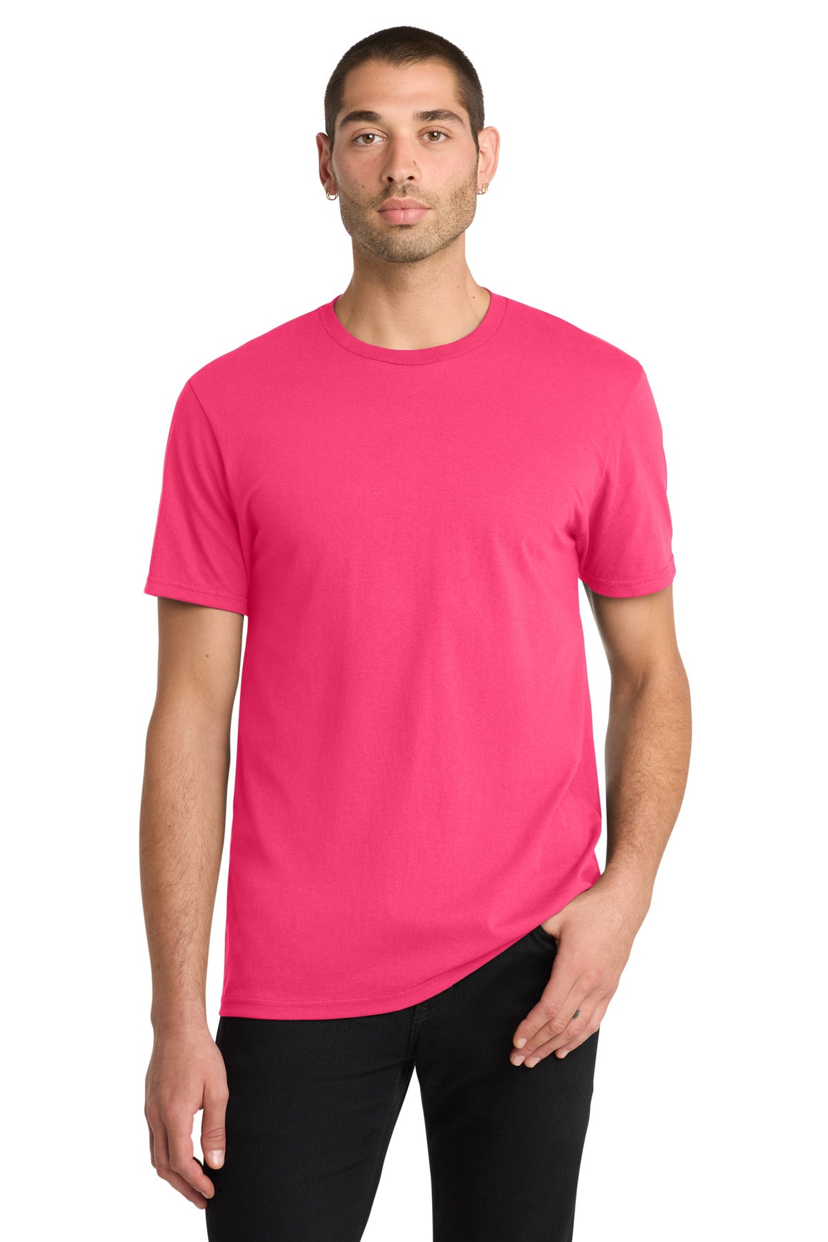 Custom Embroidered District T-Shirts  in Neon Pink