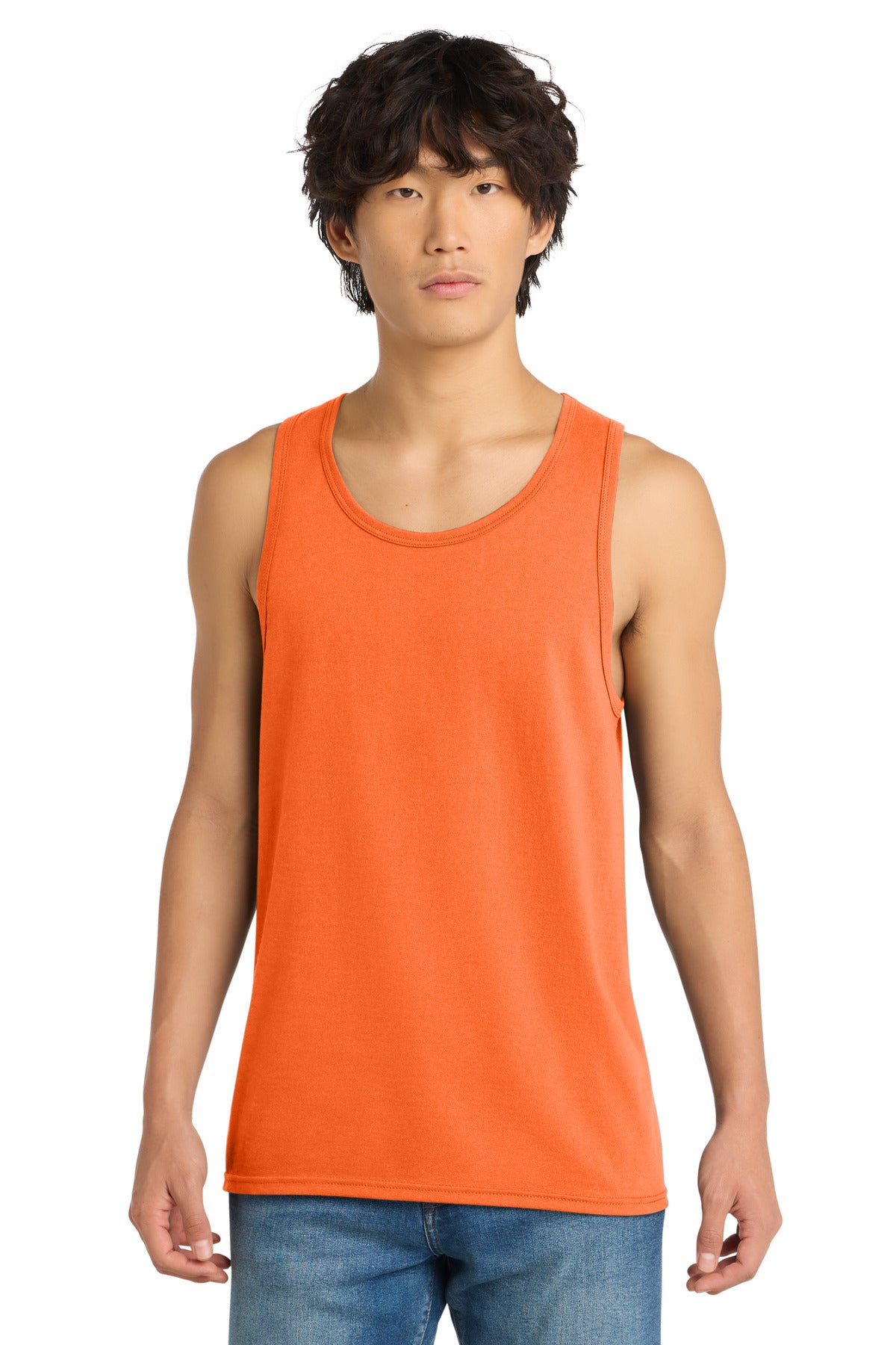 Custom Embroidered District T-Shirts  in Neon Orange