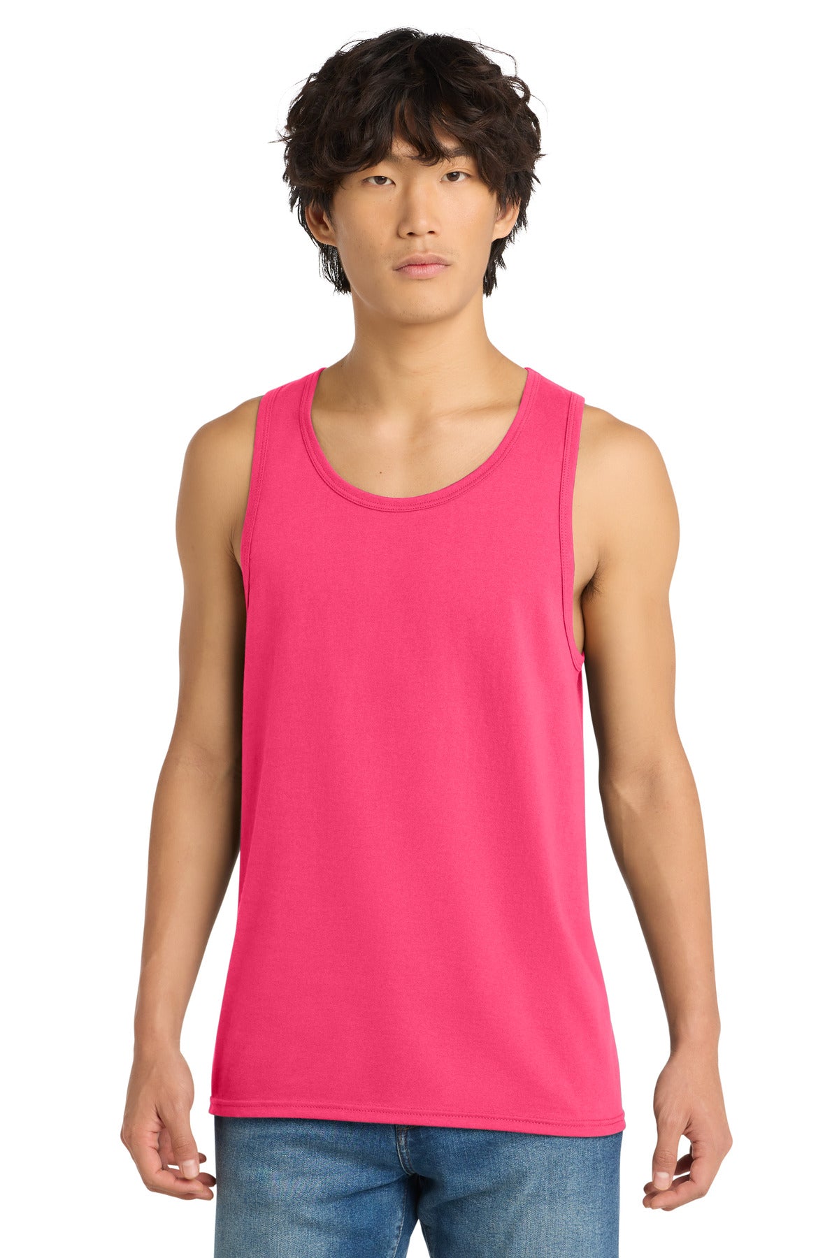 Custom Embroidered District T-Shirts  in Neon Pink