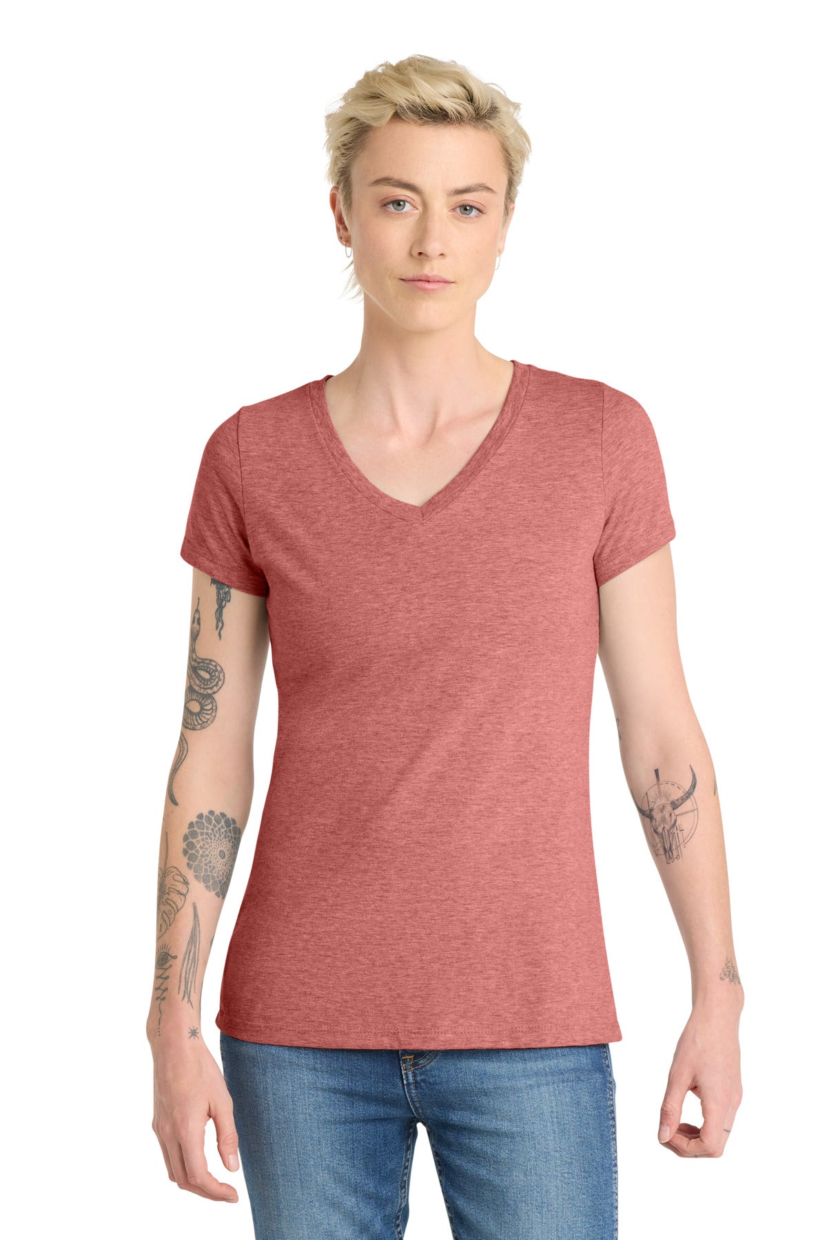Custom Embroidered District T-Shirts  in Blush Frost