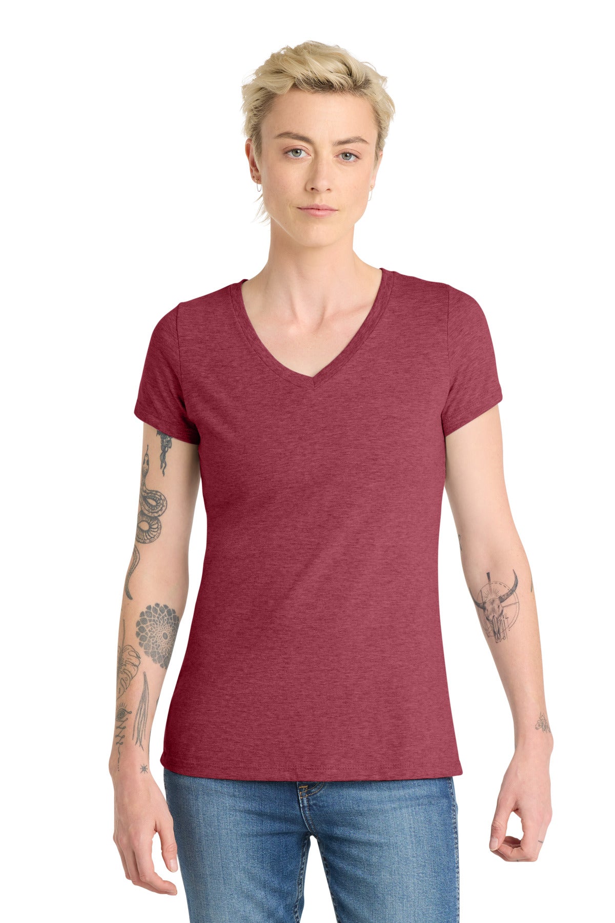 Custom Embroidered District T-Shirts  in Heathered Cardinal