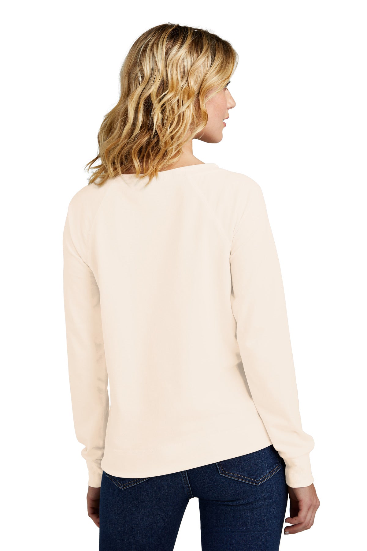 Custom Embroidered District Women's Featherweight French Terry Long Sleeve Crewneck DT672,Gardenia