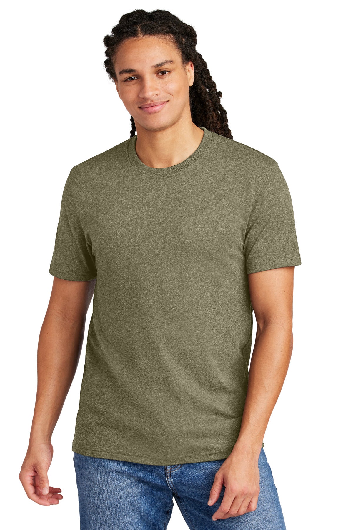 Custom Embroidered District T-Shirts  in Light Olive Heather