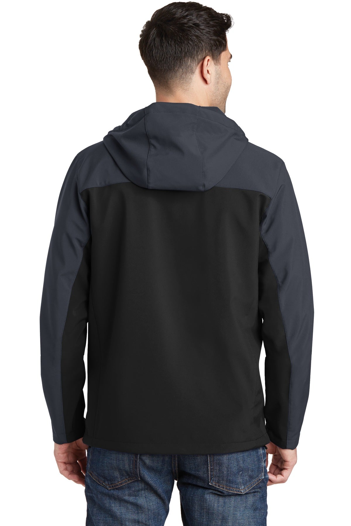 Custom Embroidered Port Authority Hooded Core Soft Shell Jacket. J335,Black/ Battleship Grey
